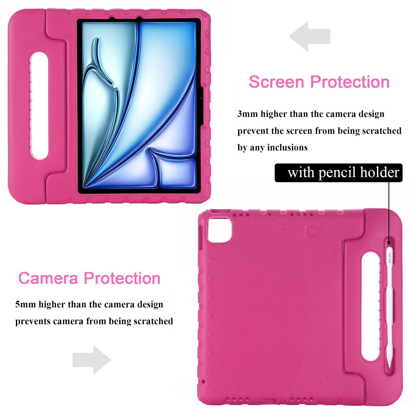 Custodia per bambini per iPad Pro 11" M4 (2024) (modello: A2836/A2837/A3006) (5a generazione) con maniglia/cavalletto/portamatite/supporto girevole a 180°, custodia antiurto in morbida EVA