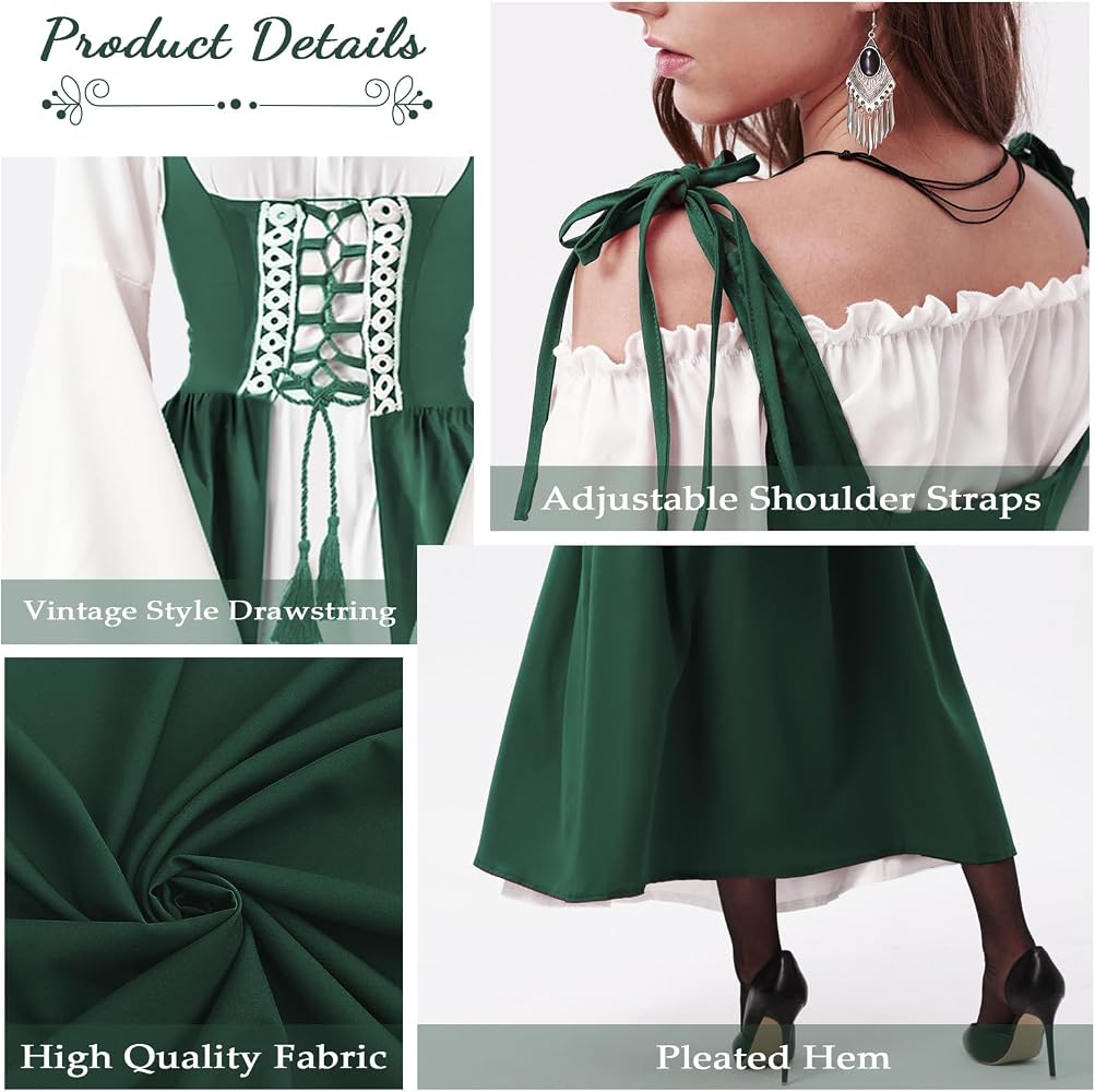 Robe Médiévale Renaissance Joellfuner Rose XXL - Costume Avec Bijoux Et Oreilles De Lutin