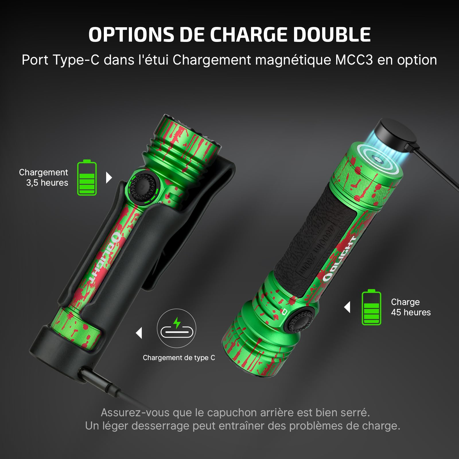 OLIGHT Seeker 4 Pro LED Rechargeable Lampe de Poche 4600 Lumens Portée 260 Mètres Ultra Puissante Militaire 5 Mode d'éclairage IPX8 Étanche Flashlight pour Sauvetage etc (Zombie Green)