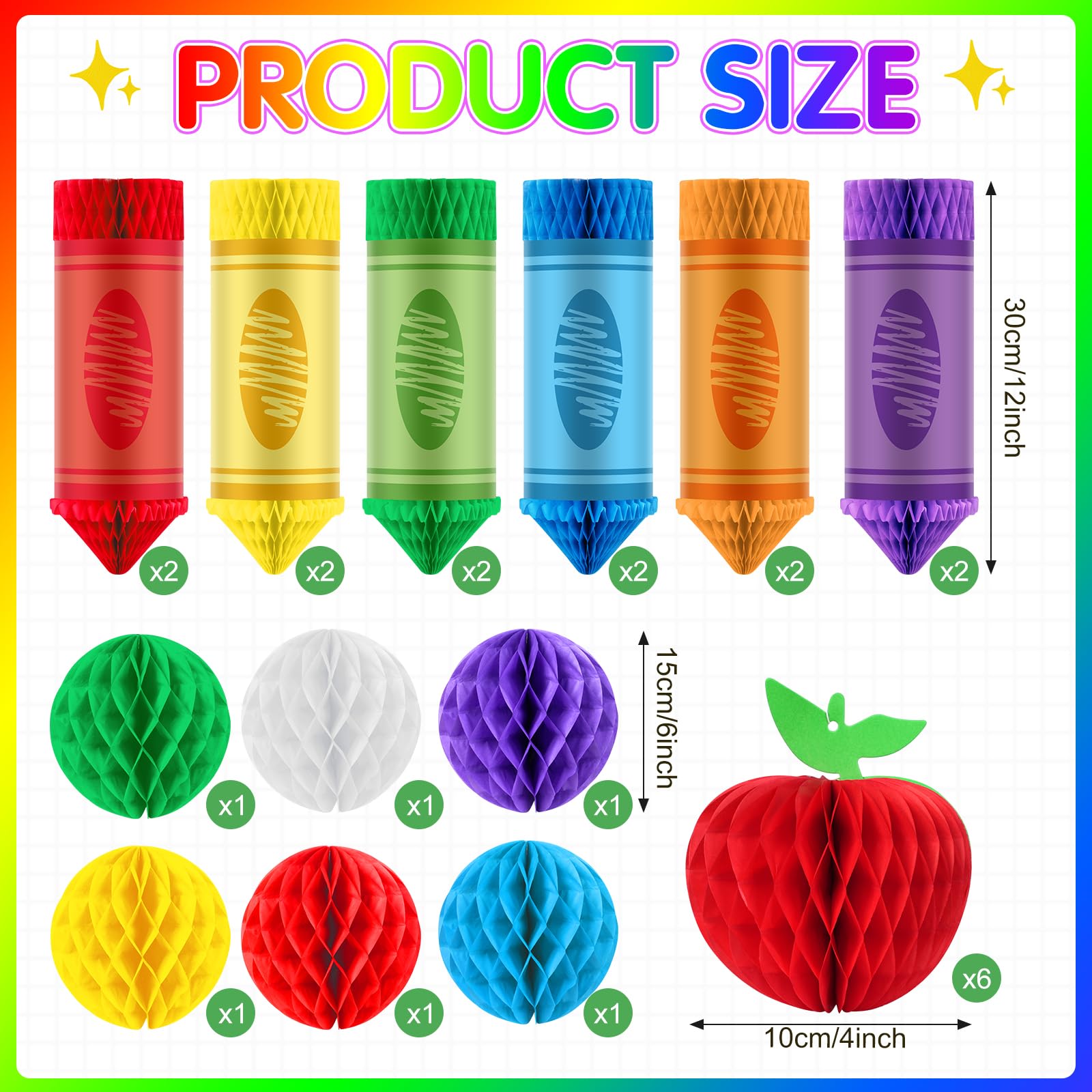 24 Pcs Back to School Hanging Crayon Decorations,Tissue Paper Crayon Hanging Honeycomb Centerpiece Welcome Back to School Honeycomb Apple Balls for Classroom Ceiling First Day of School Party Supplies