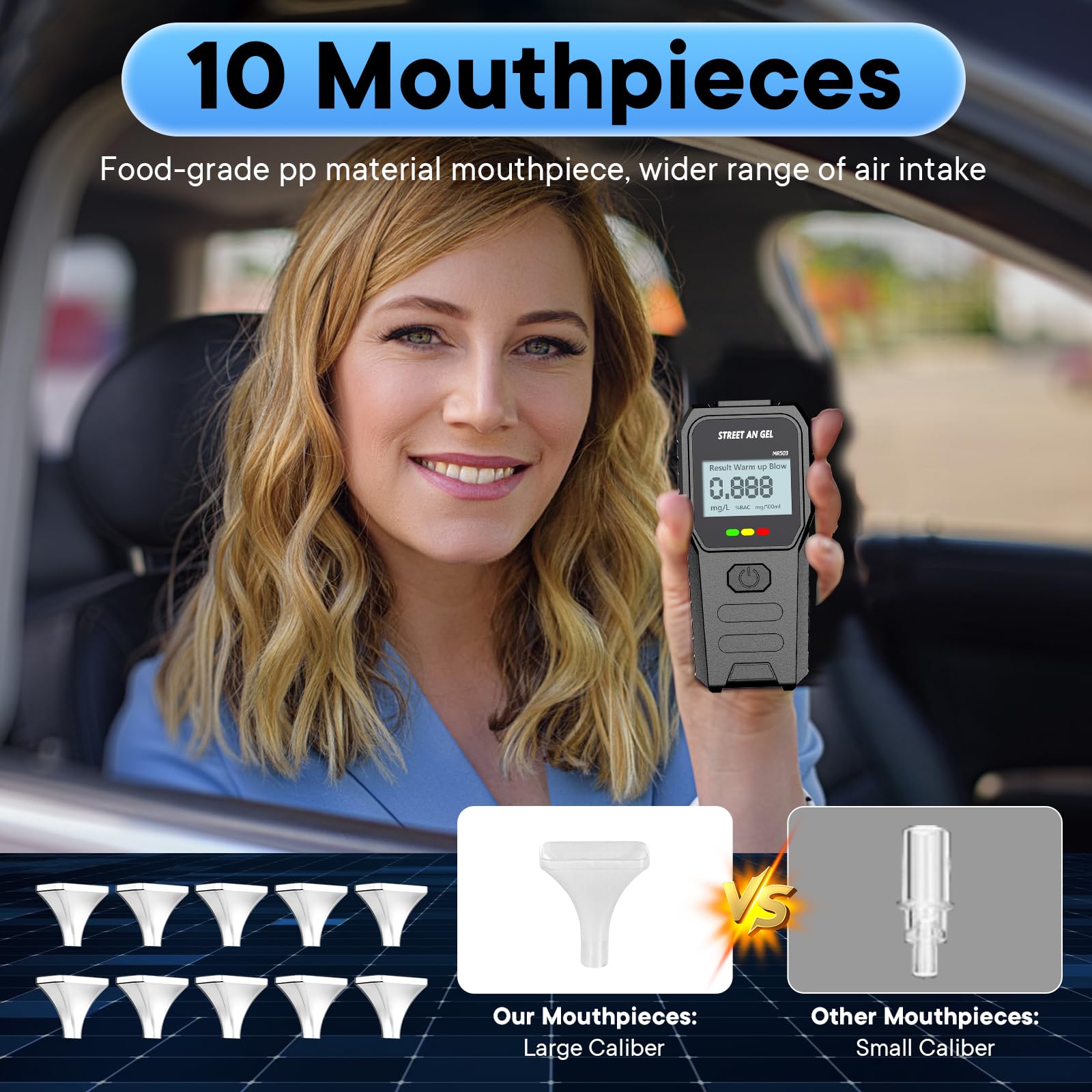 Alcootest Ethylotest Electronique, Alcootest Professionnel de Haute Précision avec Affichage Numérique LCD Bleu, 10 Embouchures, Portable Testeur d'alcool pour Usage Domestique et Personnel