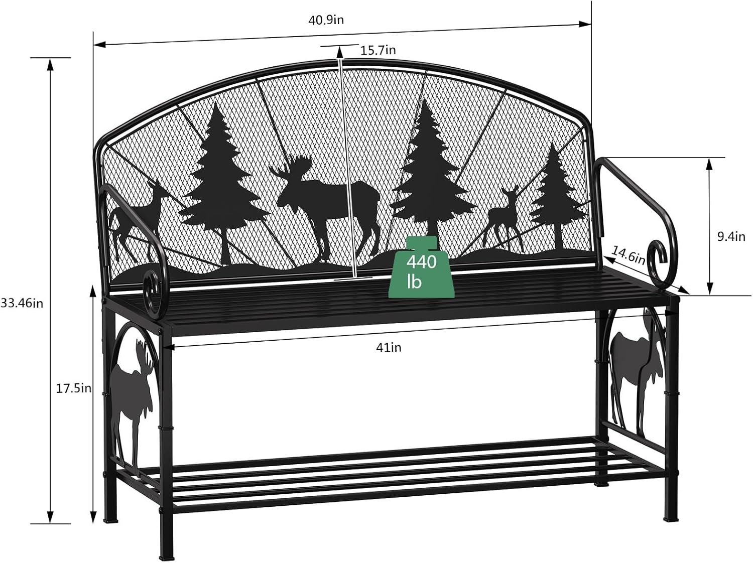 HavenlyYouth Outdoor Bench, Garden Bench with Backrest and Armrests, Patio Bench with Forest Series Pattern, Anti- Rust Thickened Metal Bench Outdoor for Garden, Yard, Patio, Porch, Lawn and Park