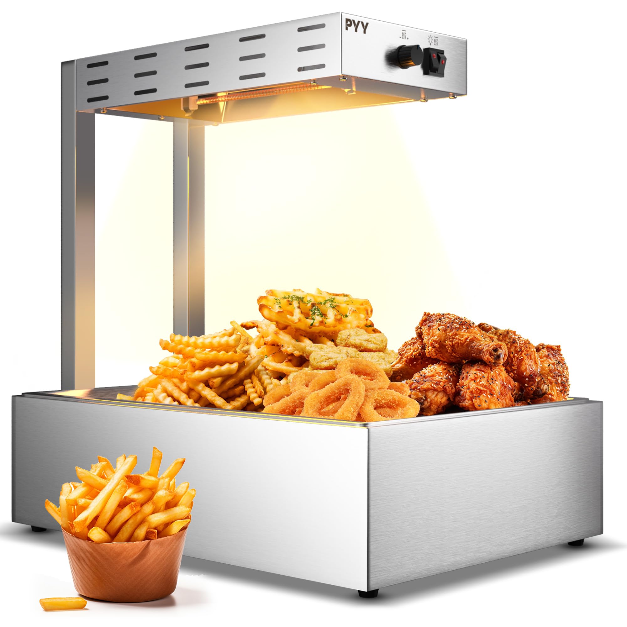 PYY French Fry Warmer - 10.5L Large Food Heat Lamp for Chips Commercial Heat Light Free, Food Warmer Countertop, Standing Warming Dump Station Churros Fried Food, Home, Restaurant, Silver, 500W