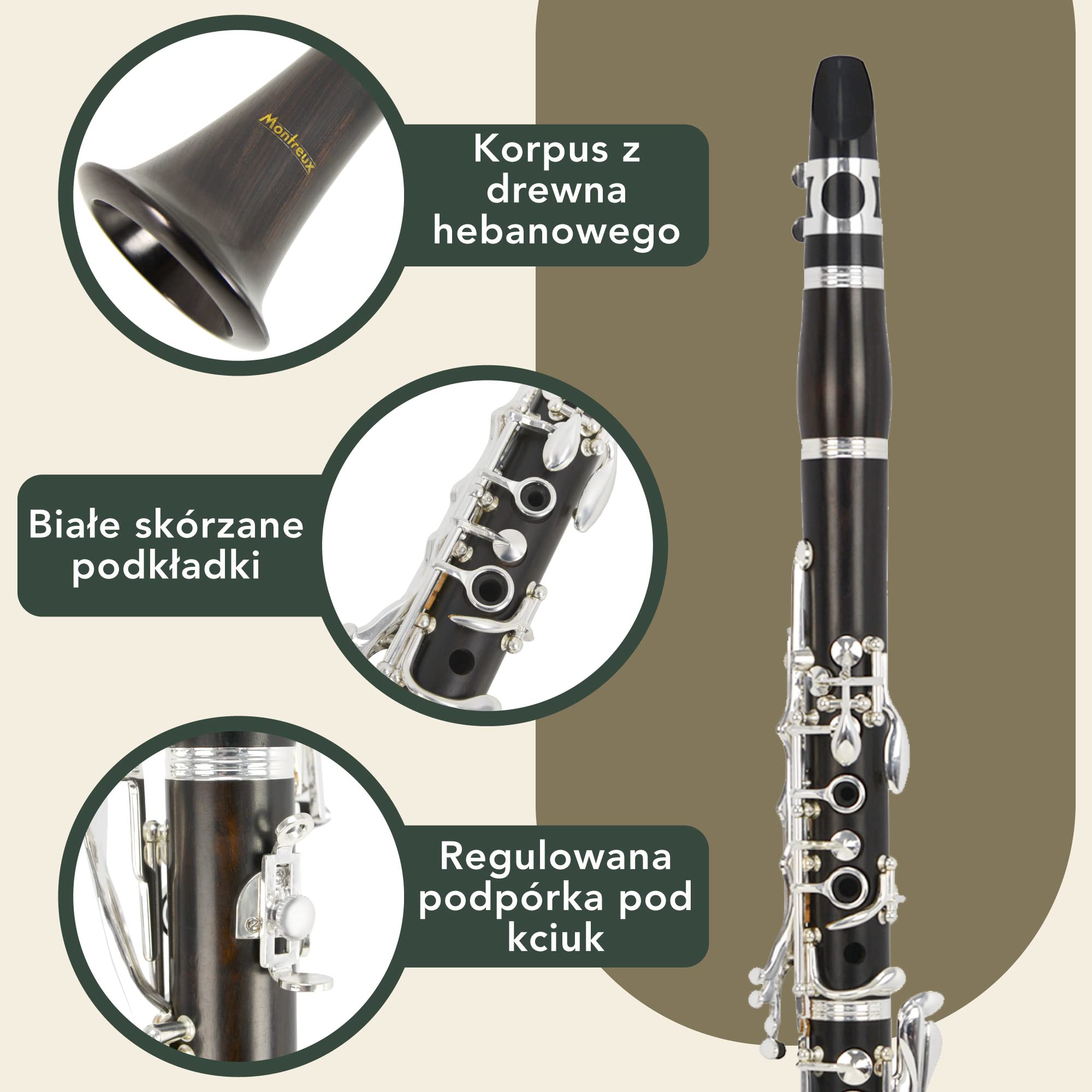 Montreux Concert Series Intermediate Advanced Bb Clarinet z futerałem Premium, ustnikiem, trzciną, dwiema beczkami - drewno hebanowe, 17 posrebrzanych kluczy, B płaski