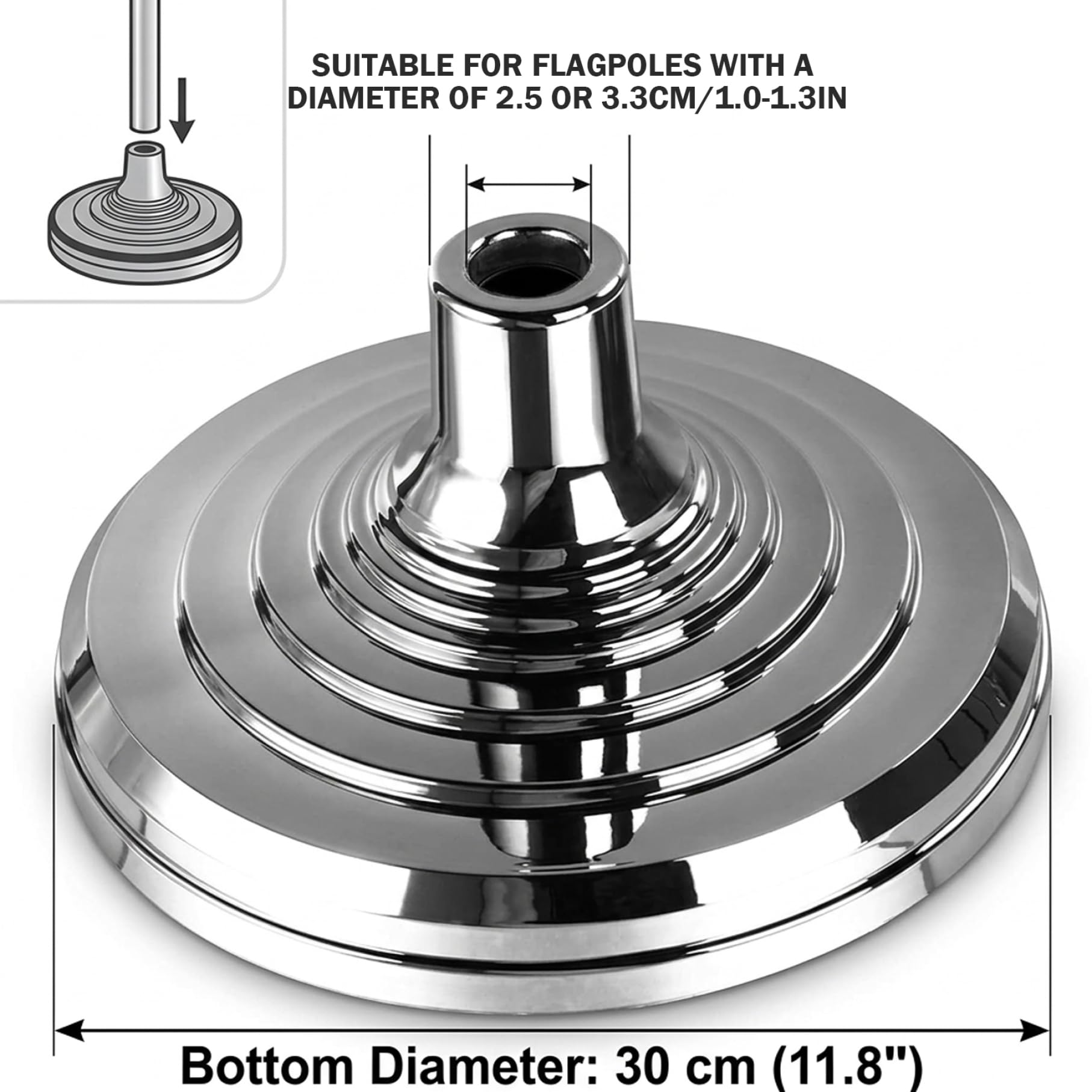 Base Ancha para mástil de Bandera para mástiles telescópicos de 1 y 1, 3 Pulgadas – Soporte para Banderas de Interior de Alta Resistencia de 12 Pulgadas con Soporte Estable, Plateado