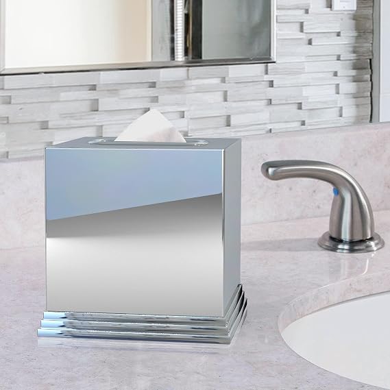 nu steel Timeless Decorative 304 Stainless Steel Square Facial Tissue Box Cover Holder for Bathroom Vanity Countertops, Bedroom Dressers, Night Stands, Desks and Tables - Chrome