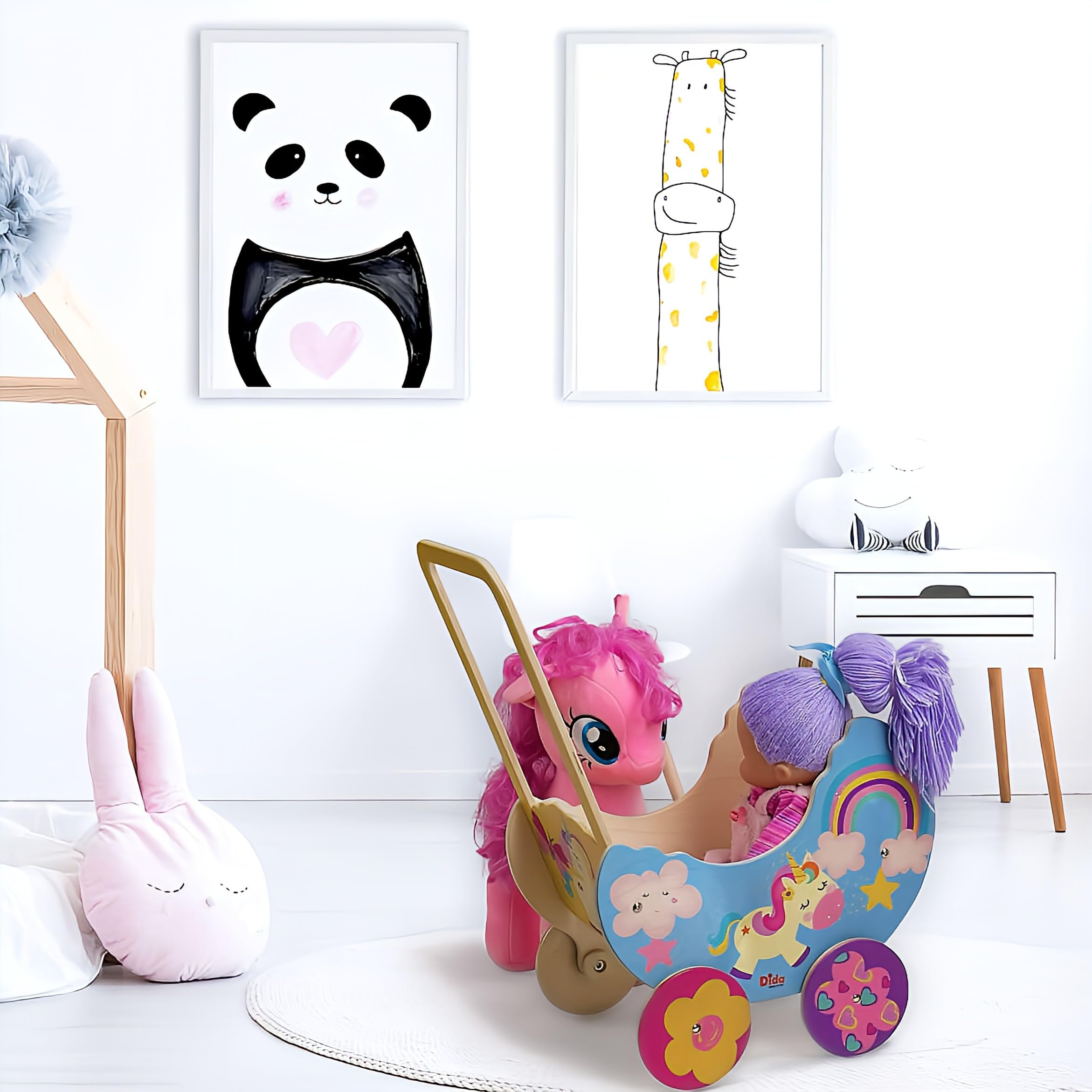 Dida - Puppenwagen Einhorn, Aus Holz Gefertigt, Wagen für Puppen bis 35 cm, Ideal für Rollenspiele, Perfekt für Kinder von 2, 3, 4 Jahren, Kreatives und Pädagogisches Spielzeug