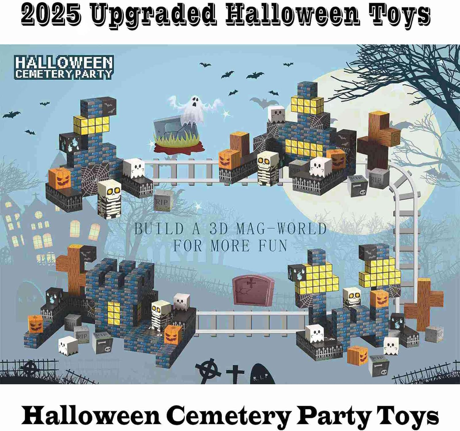 Magnetic Blocks Kids Skeleton Toy Spooky Town Building Blocks Halloween Themed Toys (1 inch)