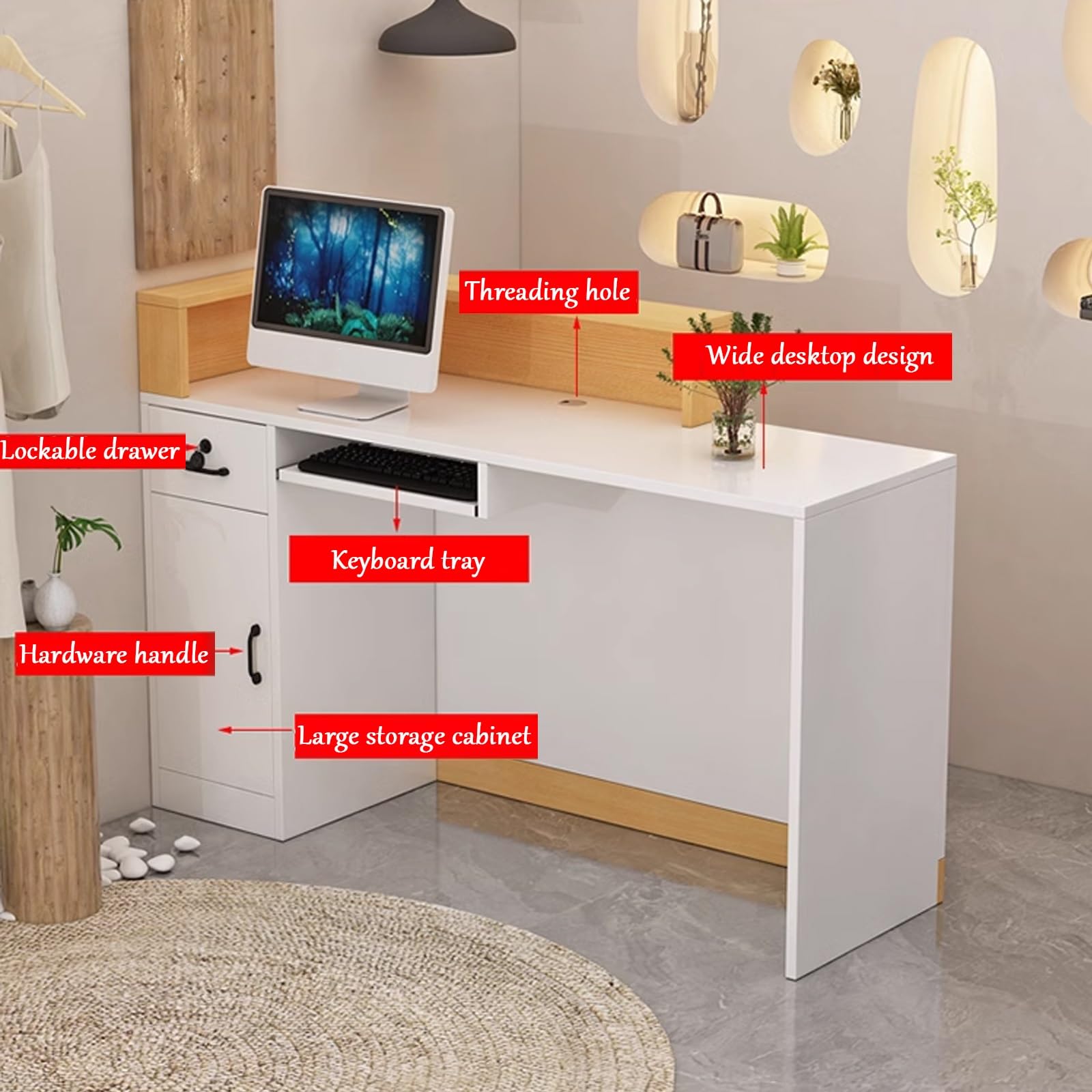 Bancone reception per ufficio, moderno bancone commerciale con passacavi, scrivania in legno per ufficio, negozio, cassa salone (grigio chiaro, destra - 47x17x39 pollici)