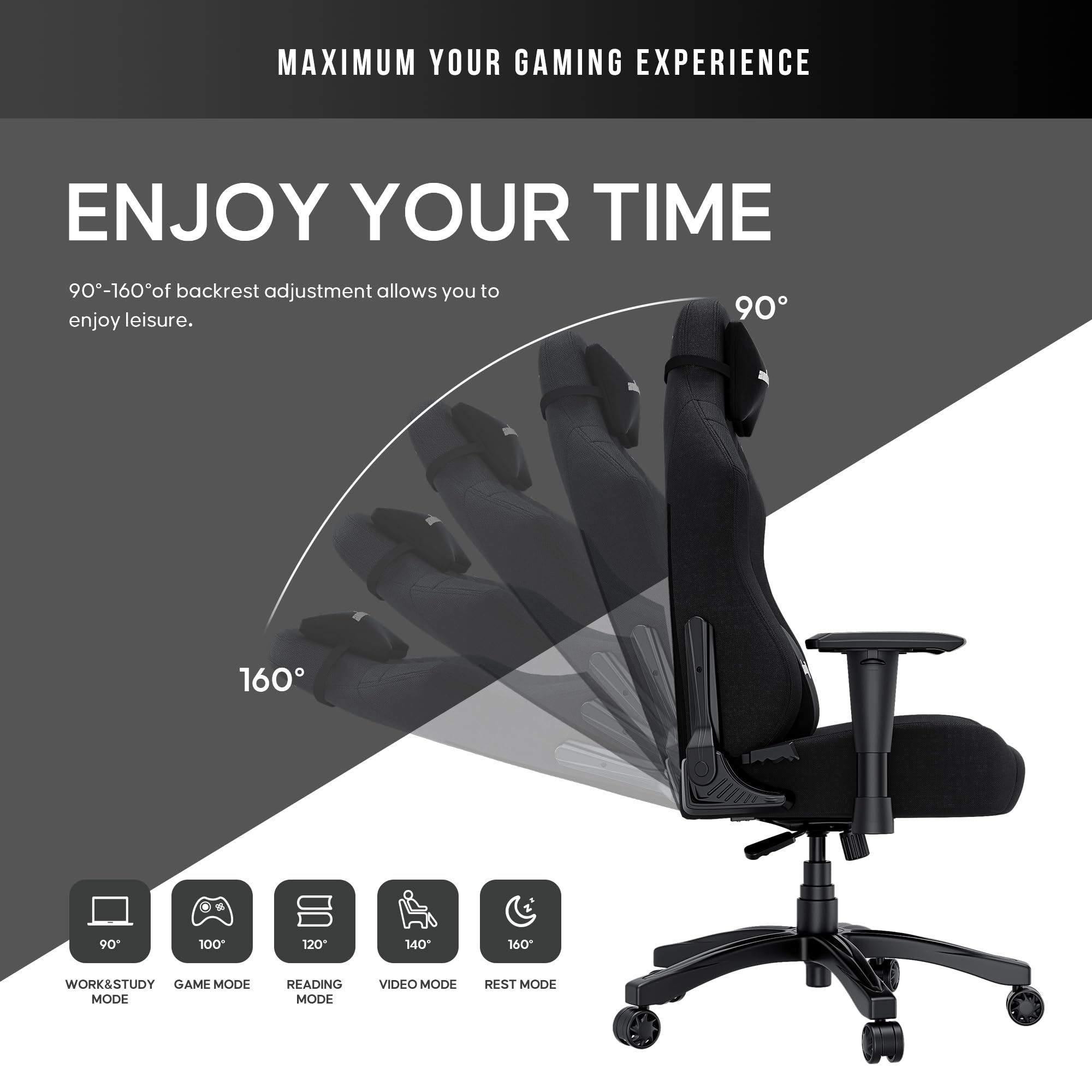 Anda Seat Luna Grande Chaise Gaming pour Adulte - Chaises Gaming Ergonomiques, Chaise de Bureau en Tissu, Soutien Lombaire Renforcé pour Cou et Dos, Fauteuil Gamer Reclinable - Noir