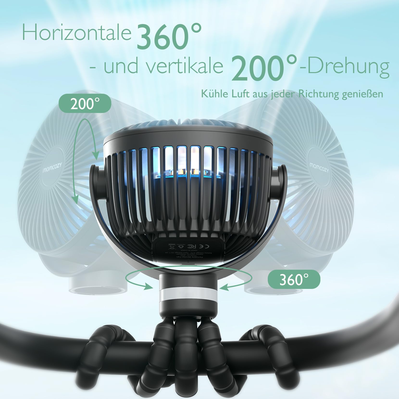 Momcozy Tragbarer Kinderwagen-Ventilator 8000 mAh 27H Akkulaufzeit Clip Ventilator 360° drehbar LED-Nachtlicht wiederaufladbar USB