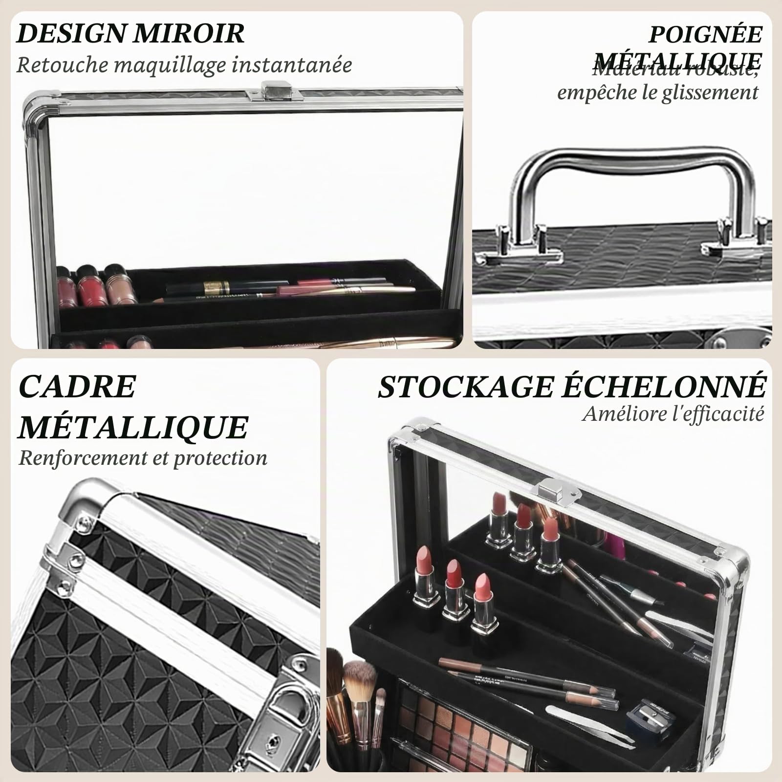 Mallette de maquillage vide verrouillable avec miroir et clé, noire, petite valise cosmétique, Noir , 30 x 20 x 20 cm, Classique