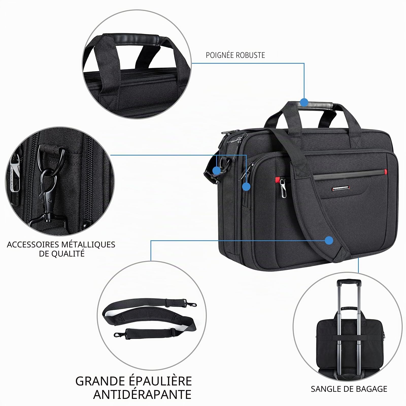 VANKEAN Sacoche pour ordinateur portable 17.3 Pouces Imperméable Mallette pour homme/femme Sac de messager expansible déperlant pour voyage affaires école, Noir