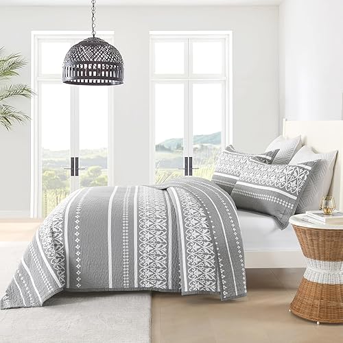 Miniatura 3 de Toldlove Juego de edredón King  Juego de ropa de cama a rayas de estilo bohemio tamaño King, 100% algodón, color gris, bohemio, tamaño King, edredón