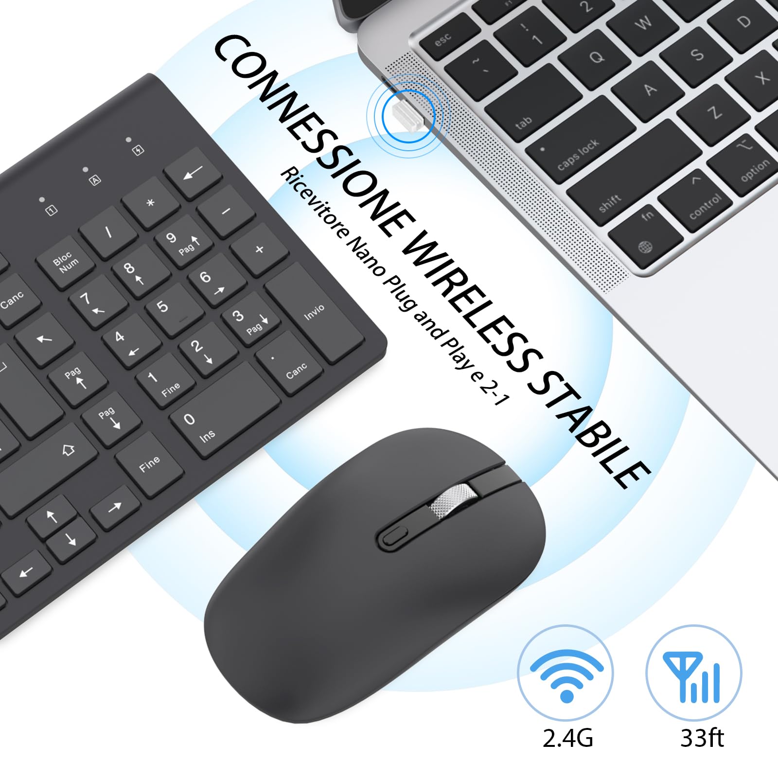 Tastiera e Mouse Wireless, Layout Italiano QWERTY, cimetech Tastiera Ultra-Sottile ‎Ergonomico Full-Size 2.4Ghz Wireless Mouse Tastiera Numerico con Ricevitore Nano per PC/Laptop/Win7/Win8/Win10-Nero