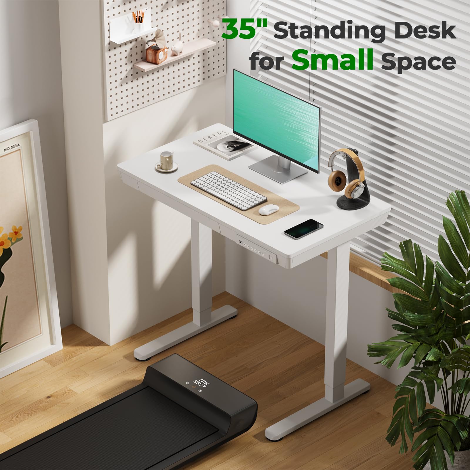 Small Standing Desk with Drawer 35 x 20 Whole Piece Tabletop Electric Sit Stand Desk Height Adjustable Desk — view 3