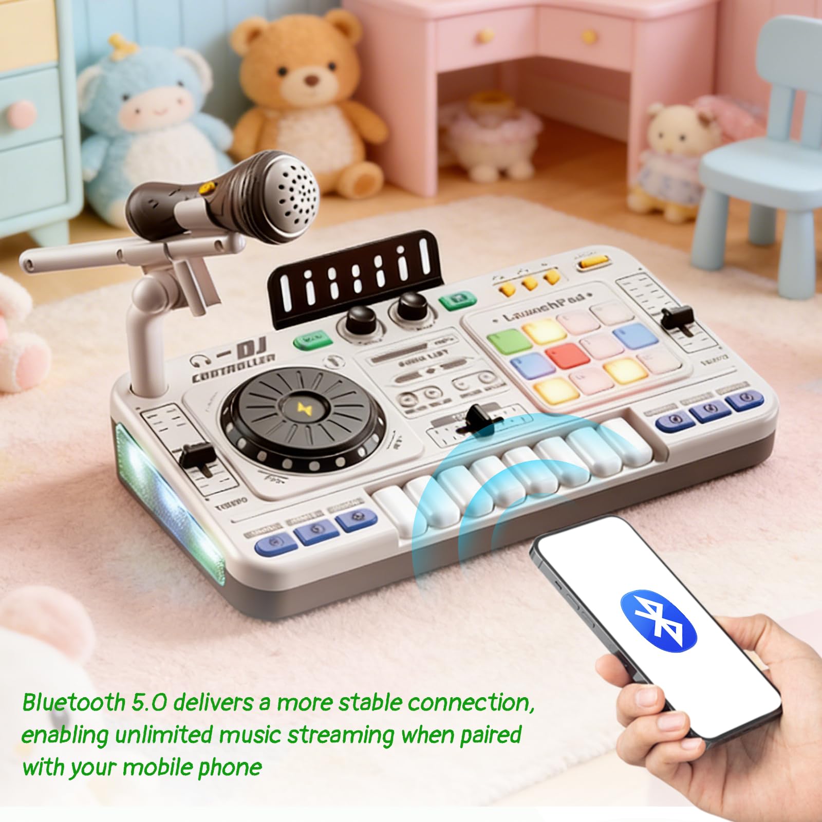 Table de Mixage DJ Enfants, DJ Mixer Controller pour enfant Platines avec Microphone, Effets de Lumière, Mode de Jeu, Mixeur DJ, Jouet Musical Interactif peut être Bluetooth pour Garçons et Filles