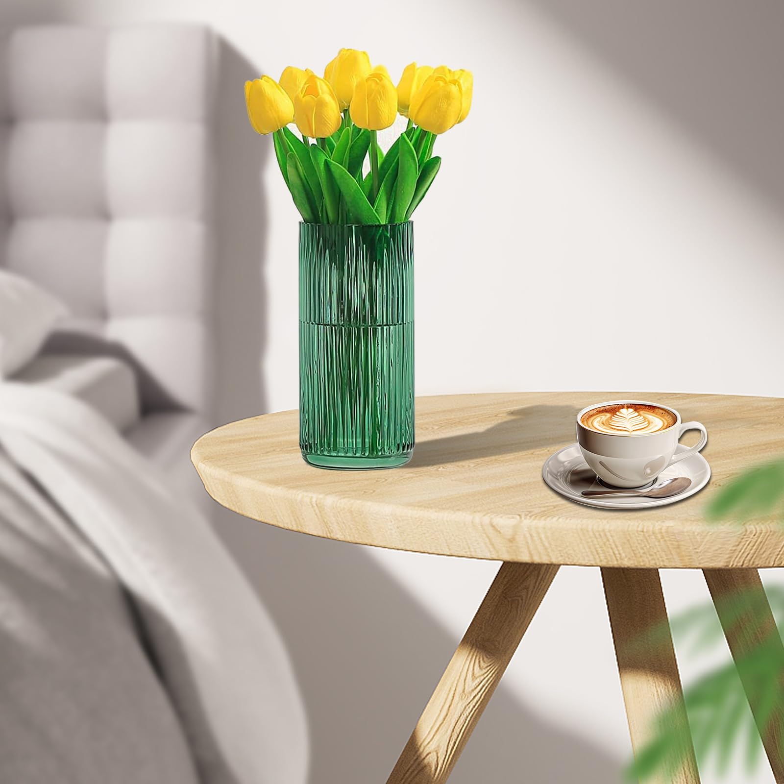 Vaso di vetro verde ispessito di alta qualità, vaso da fiori in vetro a coste per vasi rustici, vaso decorativo moderno per fiori, vasi per decorazione, ideale per mensole, soggiorno, tavolo