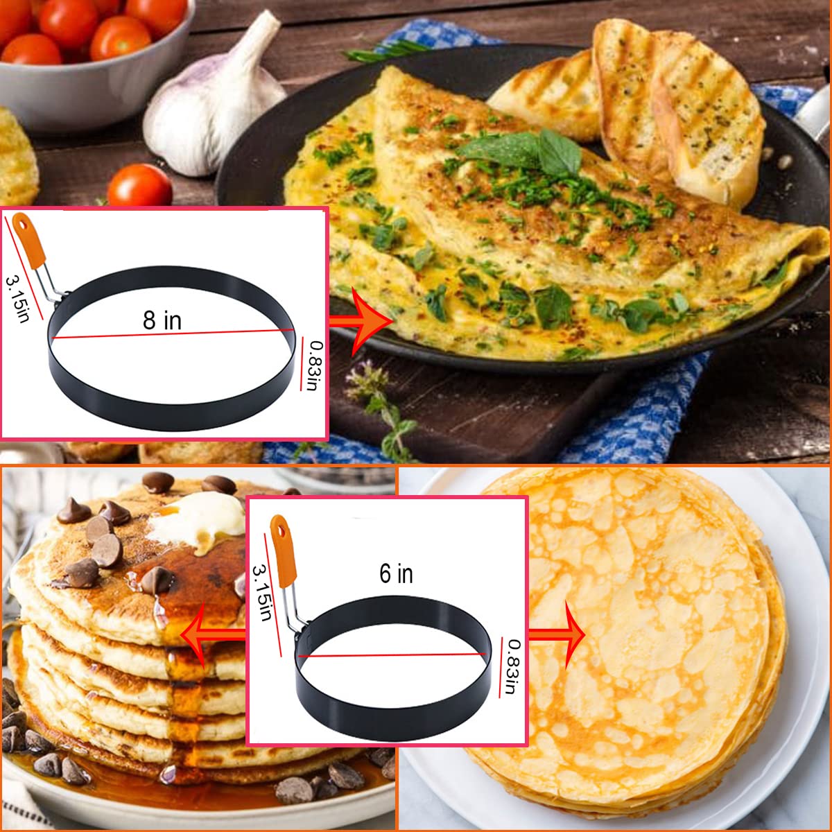 Paquete de 6 anillos de huevo grandes para freír huevos a la plancha, anillo grande de tortilla de 8 pulgadas, anillo para panqueques de 6 pulgadas, anillo redondo y cuadrado de 4 pulgadas, molde