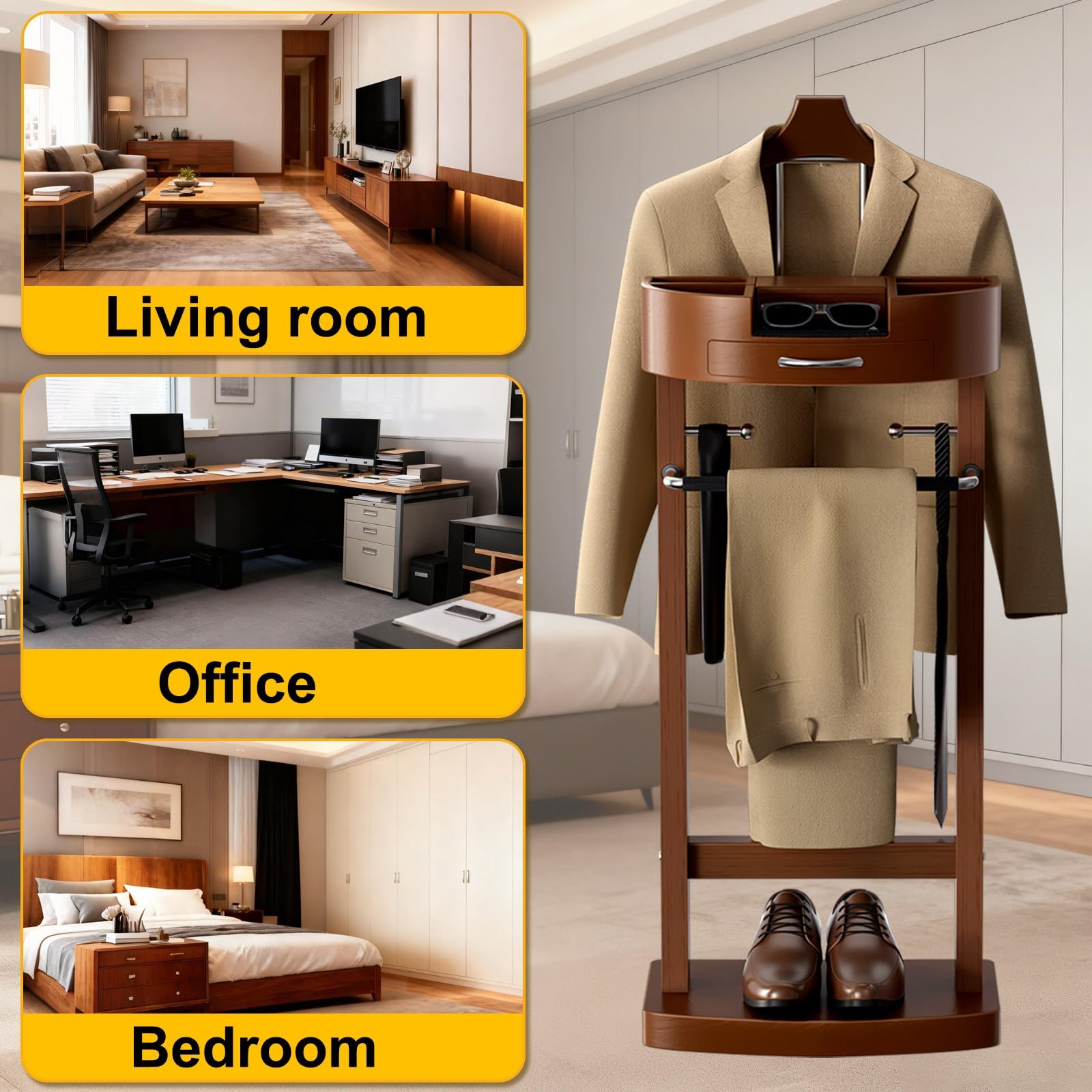 Wood Herrendiener für Herren, Stummer Diener Modern mit Schublade und Ablage, Bodenstehender Kleiderständer, Klamotten Ständer für Schlafzimmer, Eingangsbereich, Flur