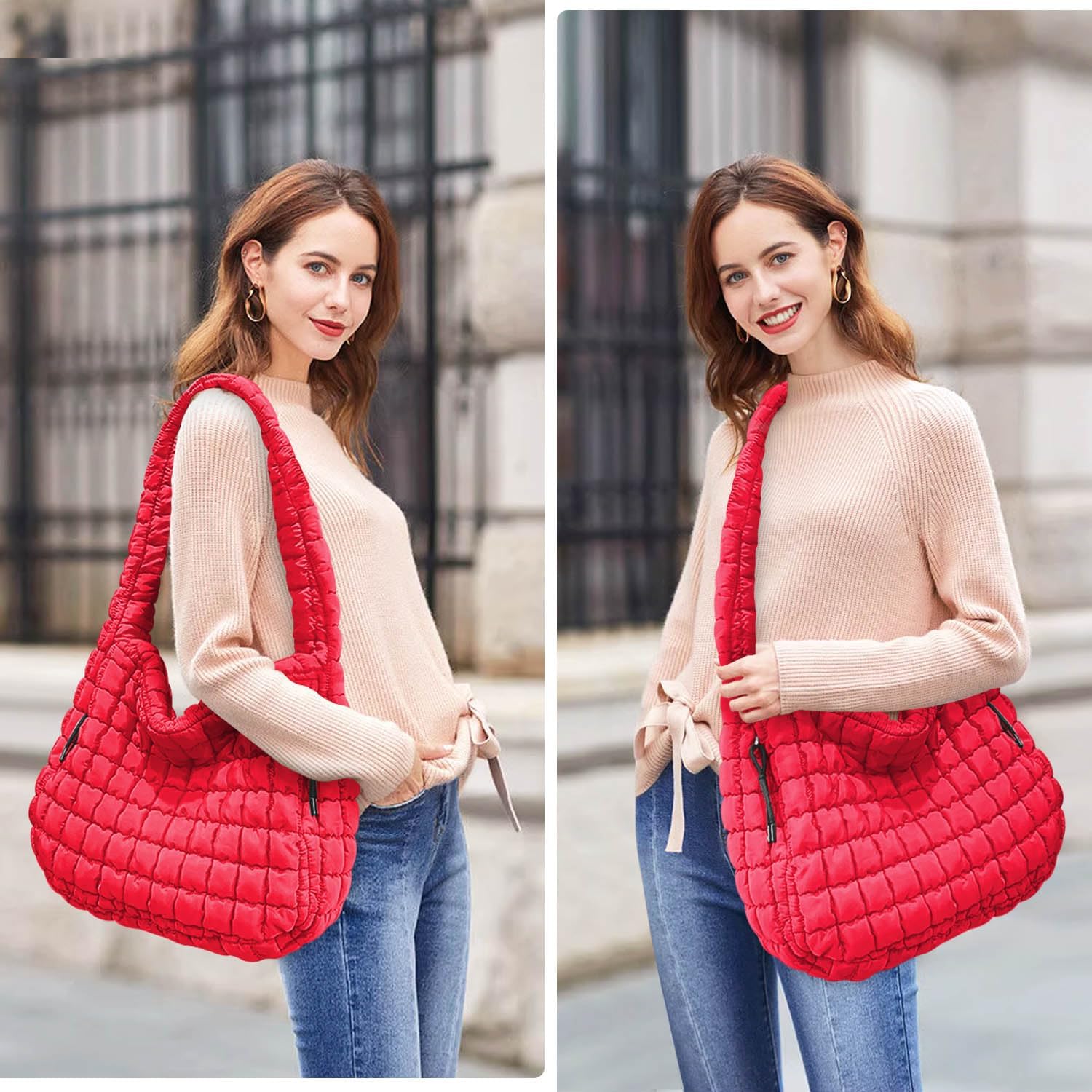 Puffer Tote, Quilted Puffer Hobo Bag, Lightweight Puffy Quilted Shoulder Bag for Work, Gym, Travel