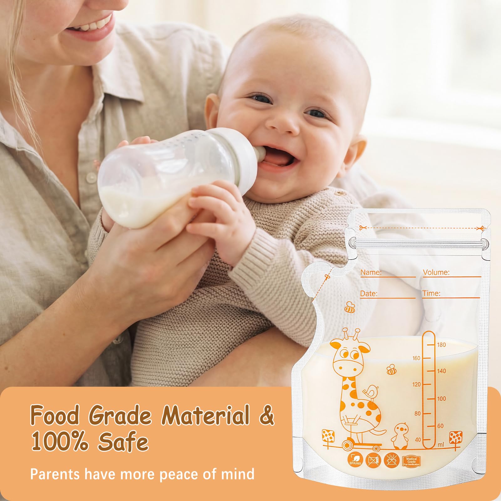 Vinabo Sachet Conservation Lait Maternelle, 100 PCS Sac Congelation Lait Maternel, 180ml Conservation Lait Maternel Pré-stérilisés, Sachet Lait Maternel Double Glissière de Sécurité