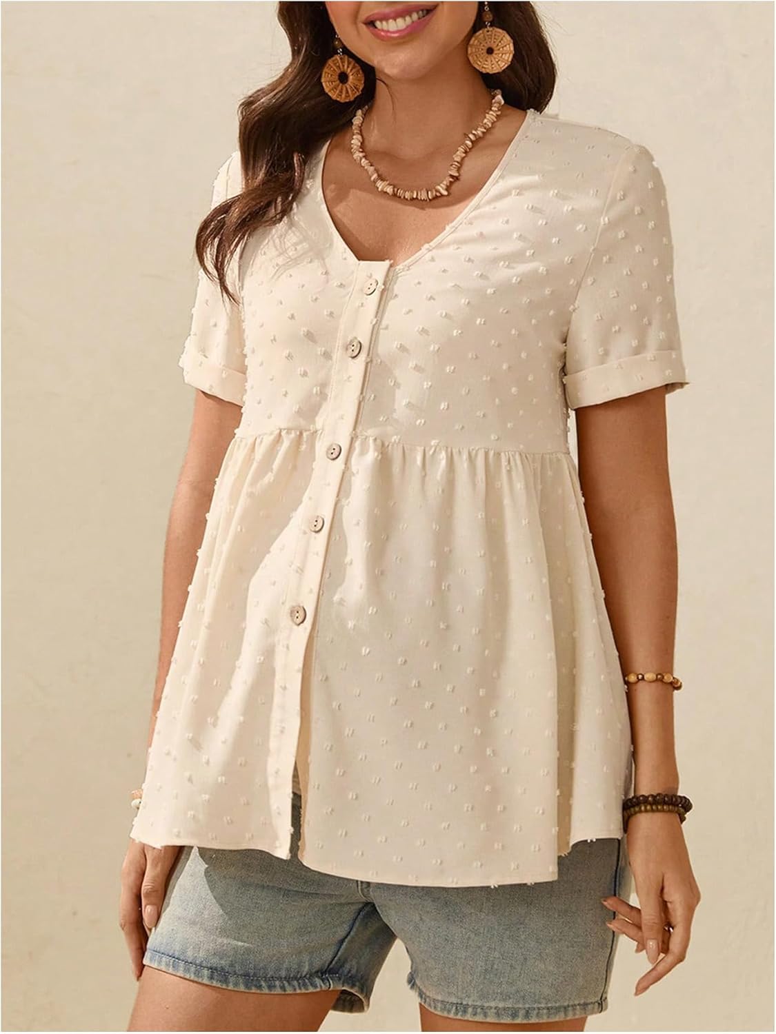 MakeMeChic Women's Maternity Casual Blouses Peplum Pregnancy Short Sleeve V Neck Button Down Shirts Nursing Top - Image 3