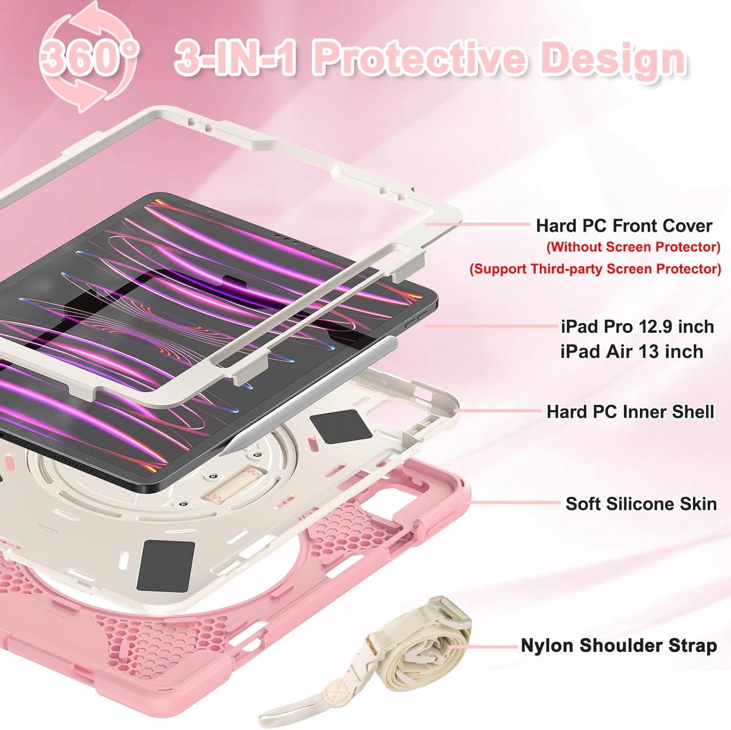 BRAECNstock Kids Case for Apple iPad Air 13 inch (M3/M2)/ Pro 12.9 inch 6th/5th/4th/3rd Gen, Shockproof Protective Case with Pencil Holder, 360° Rotating Stand & Hand Strap, Shoulder Strap, Rose Gold - Image 7