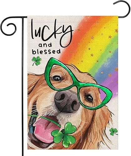 Bandera de jardín para perro del día de San Patricio para exteriores Golden Retriever con trébol de la suerte bandera de patio pequeña decoración de