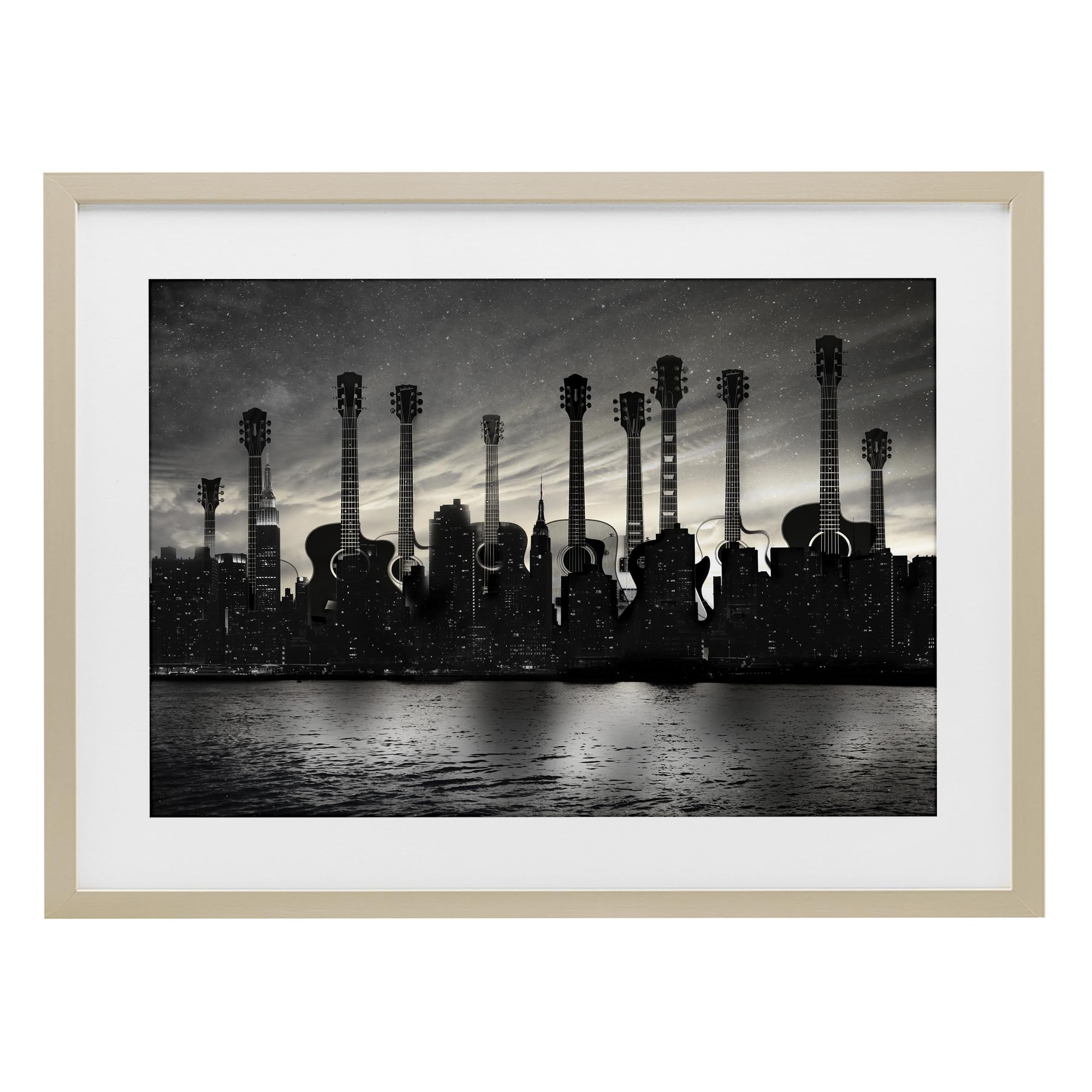 Stupell Industries 'Guitar Skyline Cityscape', Framed Print Under Glass, Brown, 20 x 14 Inches, Easy to Hang and Sturdy, Made in USA, by CAD Designs
