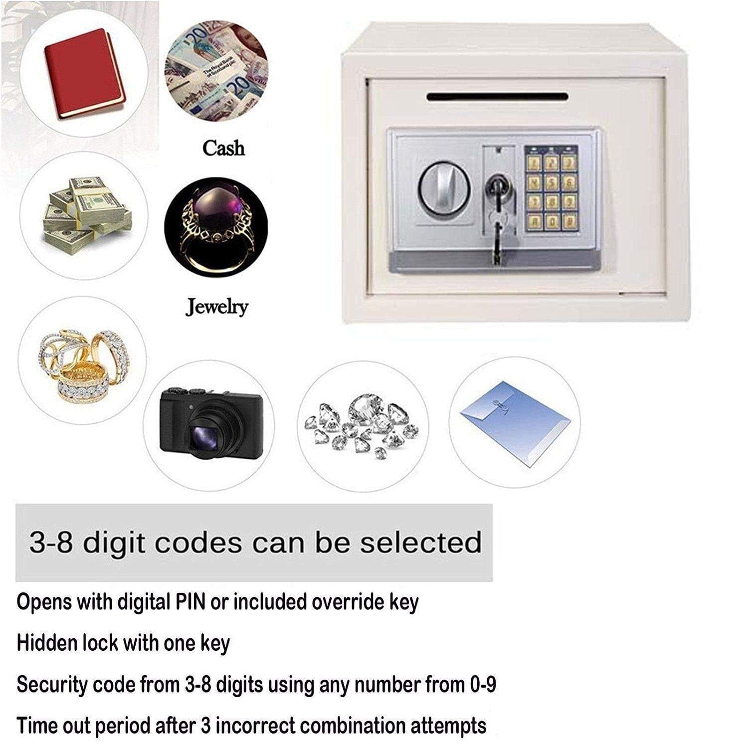 Sejf, Sejf Z Kluczem, Sejf Elektroniczny Zamek Stalowy O Wysokim Bezpieczeństwie Sejfy Home Office Cyfrowa Gotówka/One Color/16L(35X25X25Cm) White