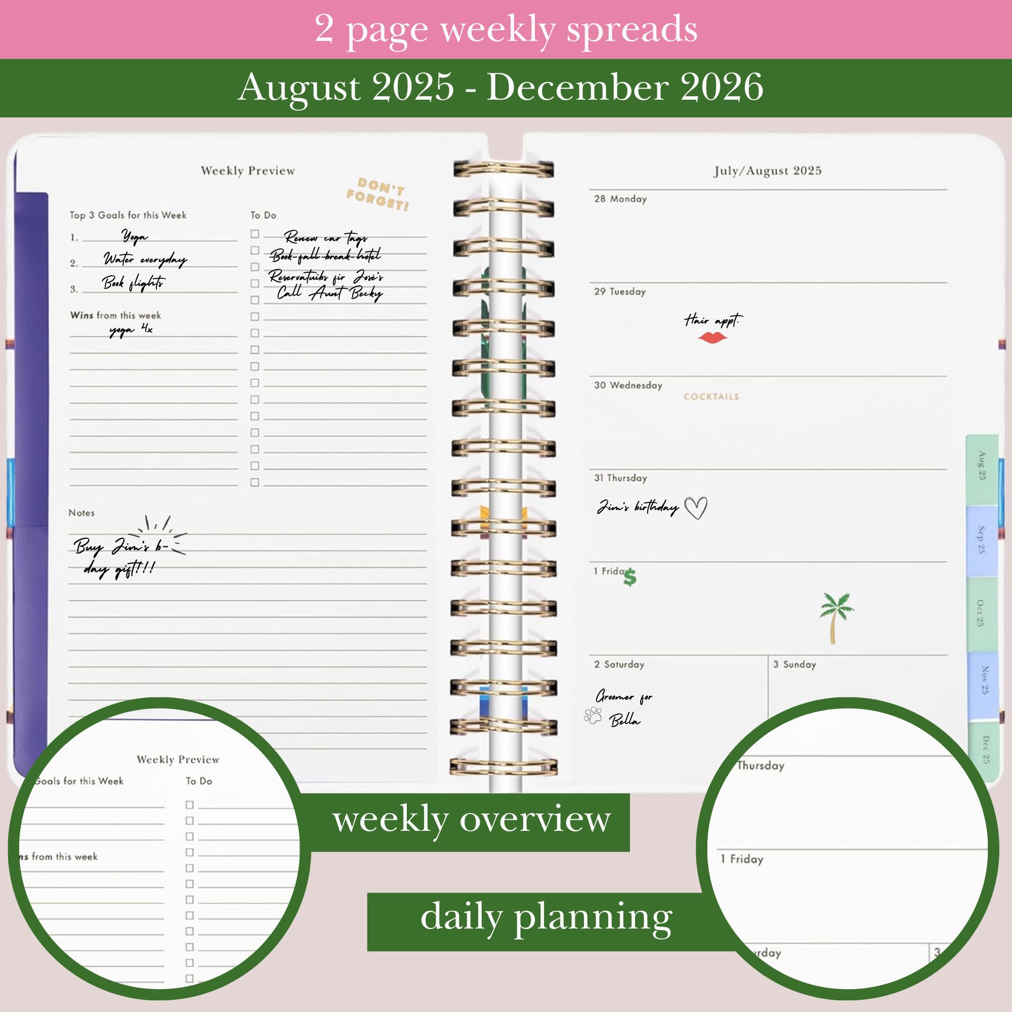 kate spade new york Tagesplaner 2025-2026 Großer Agenda August 2025-Dezember 2026, Hardcover Wochen- und Monatsplaner Spiralplaner mit Aufklebern (Charmed Library)