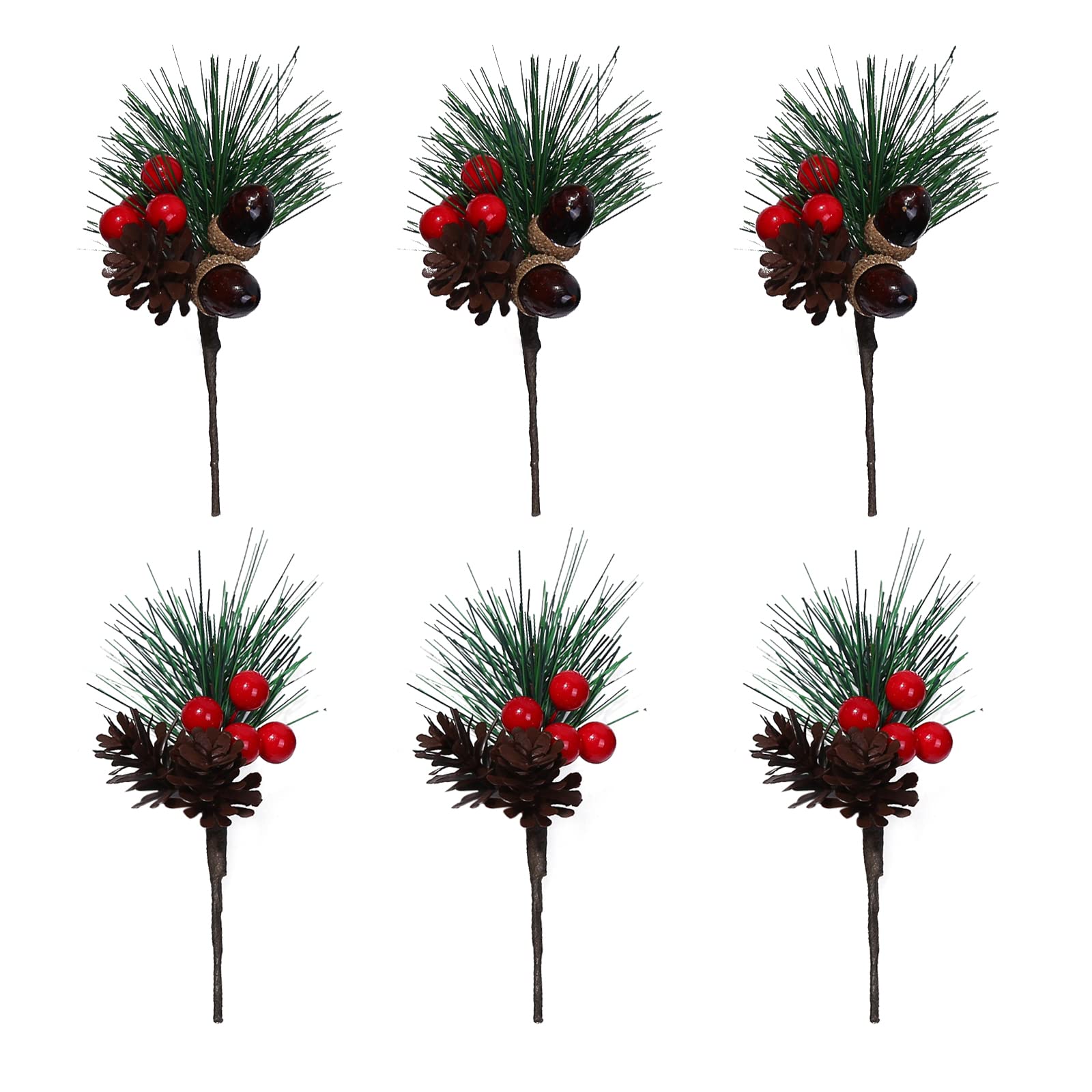 HGUIM 12PCS Mini Artificial Pine Picks with Red Berries 14cm Christmas Evergreen Pine Sprigs with Pine Cone Winter Christmas Floral Picks for Crafts Garland Wreath