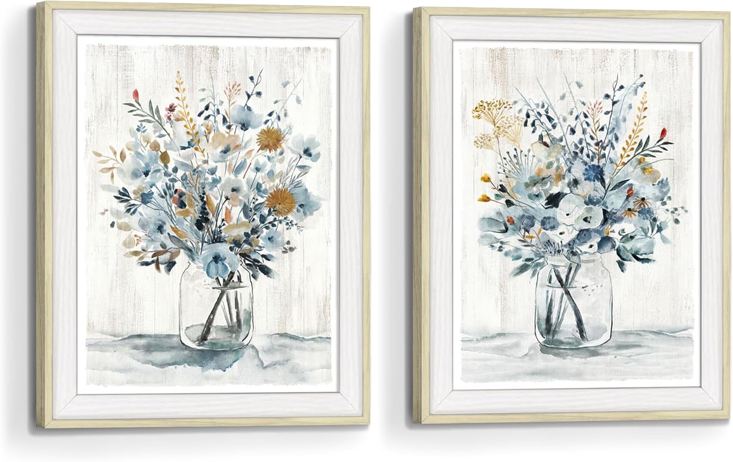 Framed Flower Wall Art Picture: Floral Print Watercolor Blossom Bouquet Wildflower Painting Vertical Botanical Artwork Decor for Living Room Bedroom Bathroom Flower 05 8"x10"x2Pcs