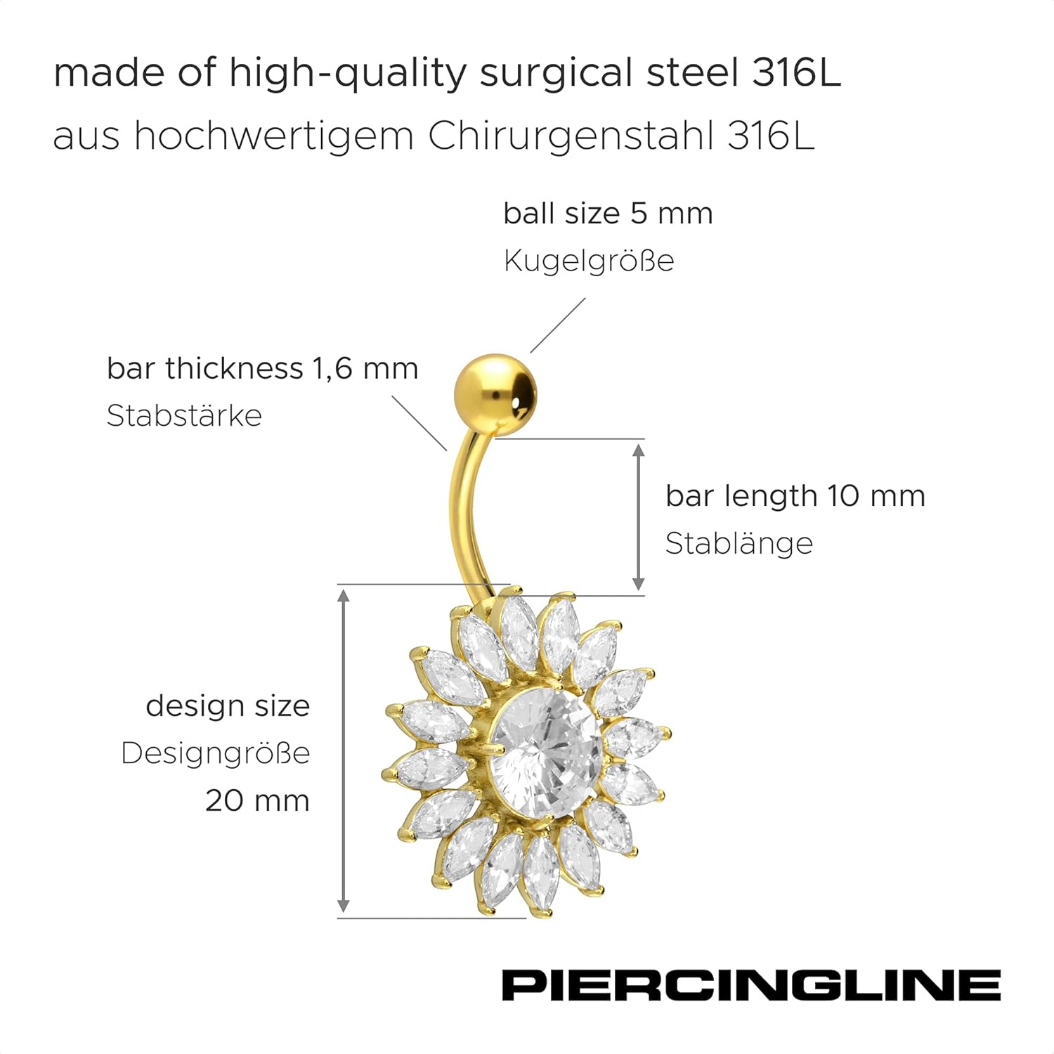 PIERCINGLINE surgical steel belly button piercing SUN - belly button ring surgical steel, gold, silver, rosegold piercing