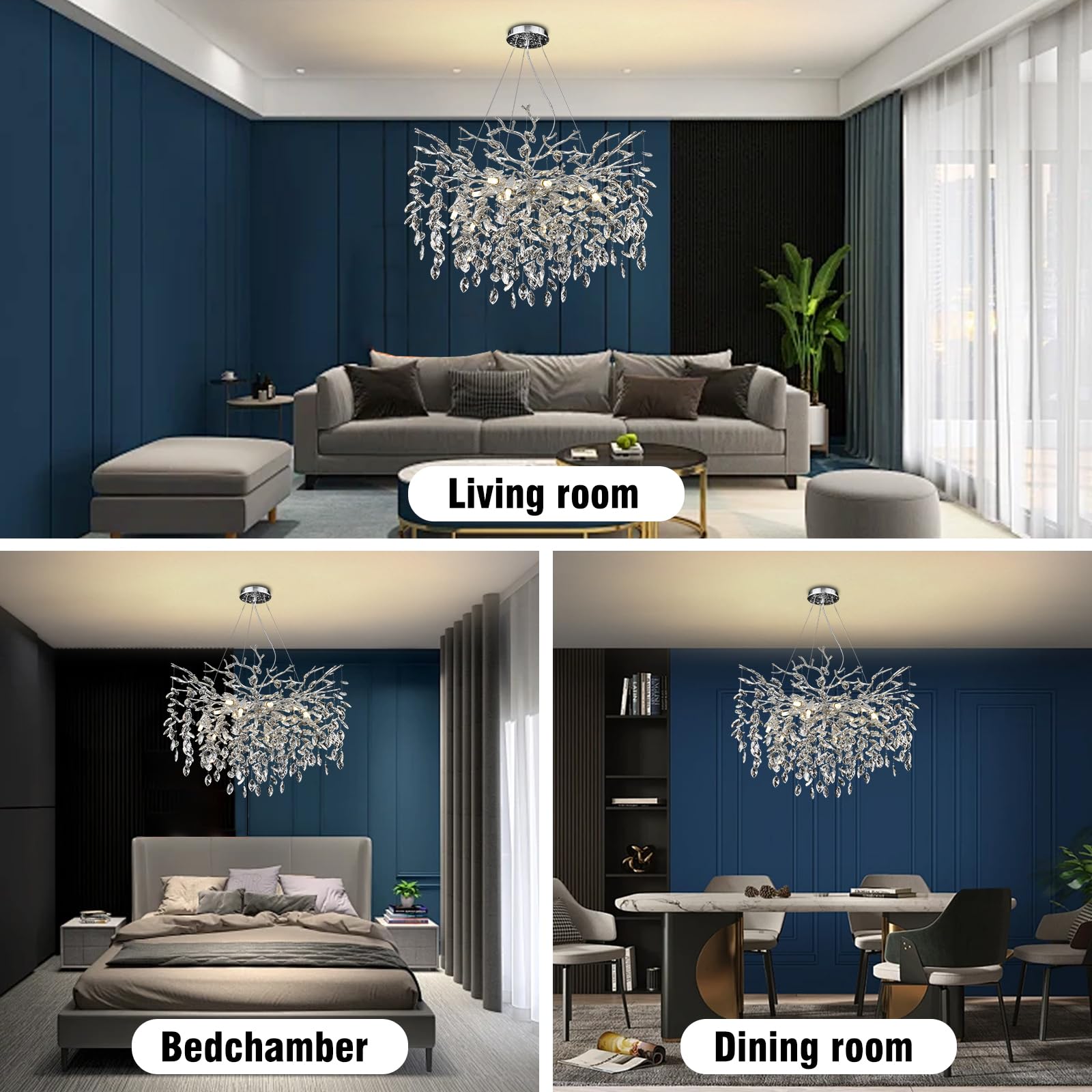 AHXIAOZN Luxury Tree Branch Kronleuchter, Modern Kronleuchter Kristall Leuchte, Große Luxus Kristall Pendelleuchte, Raindrop Leuchte, für Esszimmer, Wohnzimmer (Silber 80cm)