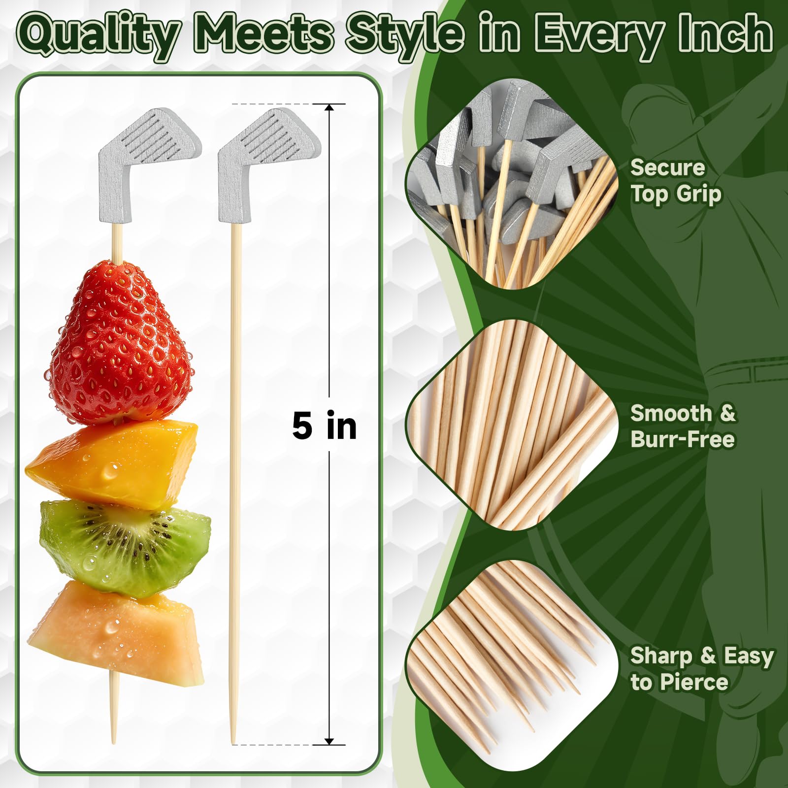 Golf Cocktail Picks, 4.7 IN Fancy Toothpicks for Appetizers, Wooden Fruit Skewers Bamboo Food Sticks for Sandwich, Masters Golf Themed Party Decorations Supplies Drinks Decor Charcuterie Accessories - 3