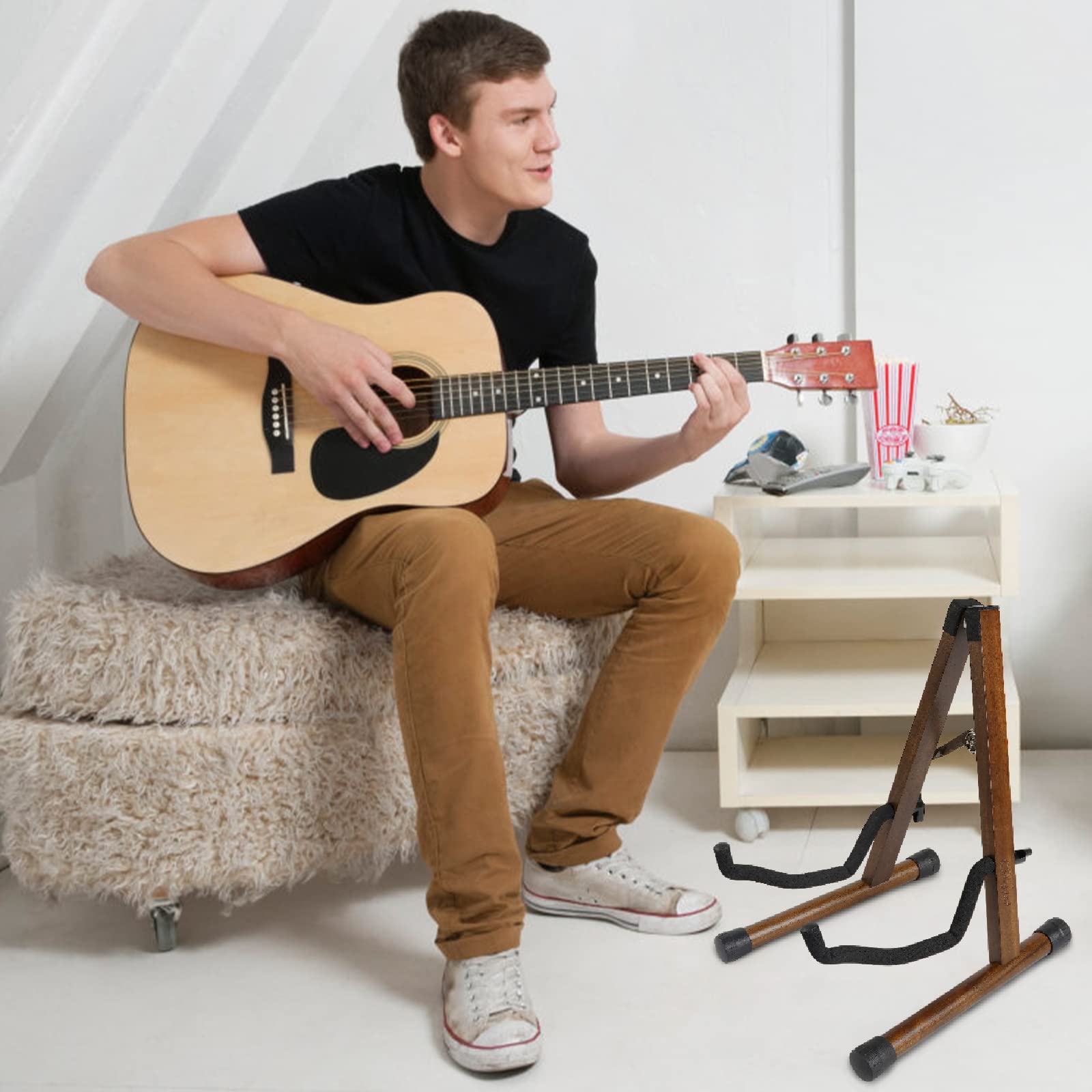 SNIGJAT Guitar Stand Walnut, Sturdy Acoustic Guitar Stand, Adjustable Electric Guitar Stand, Guitar Display Stand Guitar Floor Stand with Foam Padded, Folding Guitar Stand for Bass Cello Ukulele