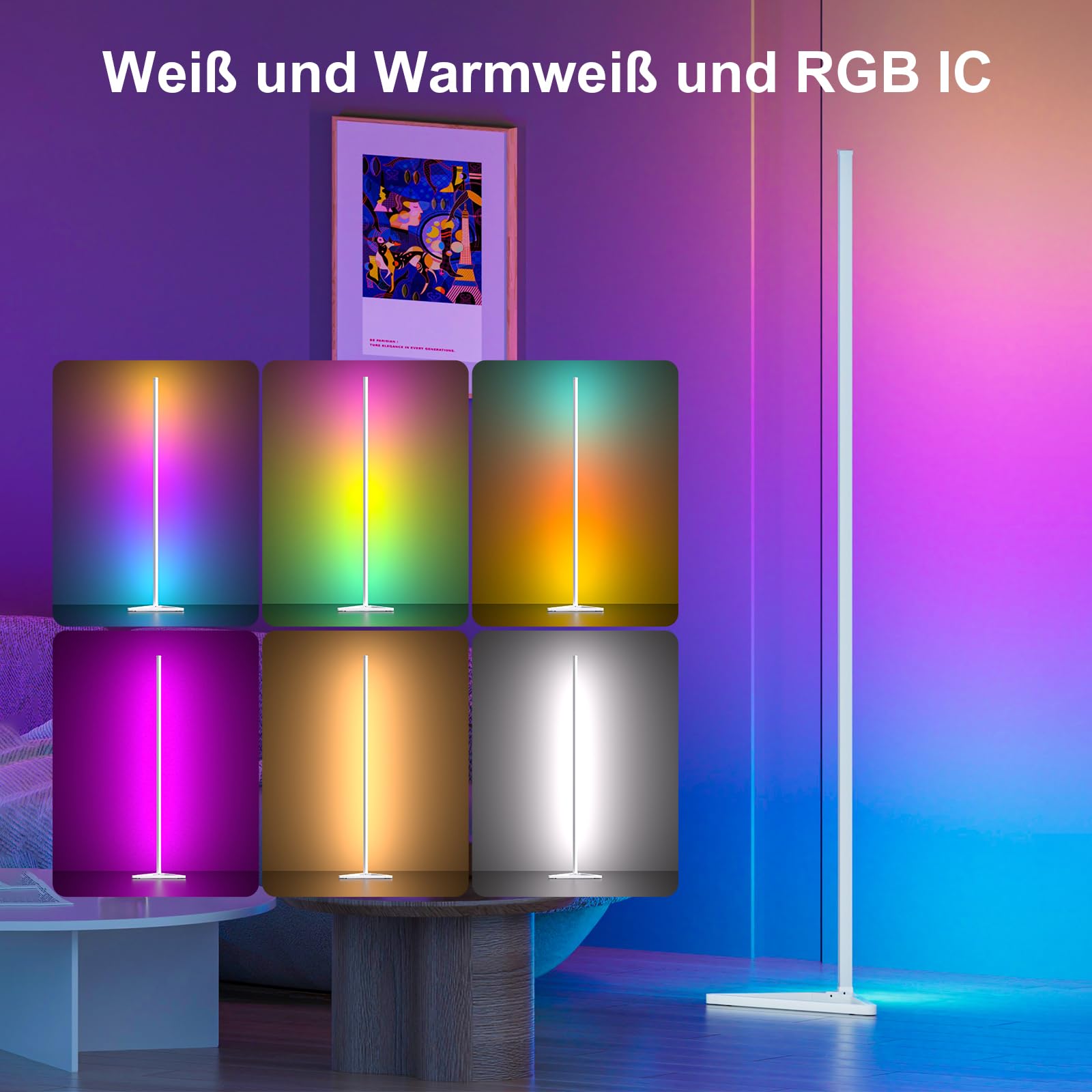 Lot de 2 lampadaires LED RGBIC à intensité variable avec application, hauteur amovible, 16 millions de couleurs, 300 modes de scène, synchronisation de la musique, minuterie, lampe d'angle