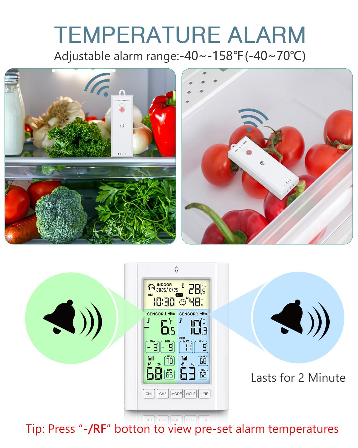 Funk-Kühlschrankthermometer mit Alarmfunktion, Digitales Kühlschrankthermometer, Hintergrundbeleuchtetes Display, Wiederaufladbar, MAX/MIN-Aufzeichnung, für Küche