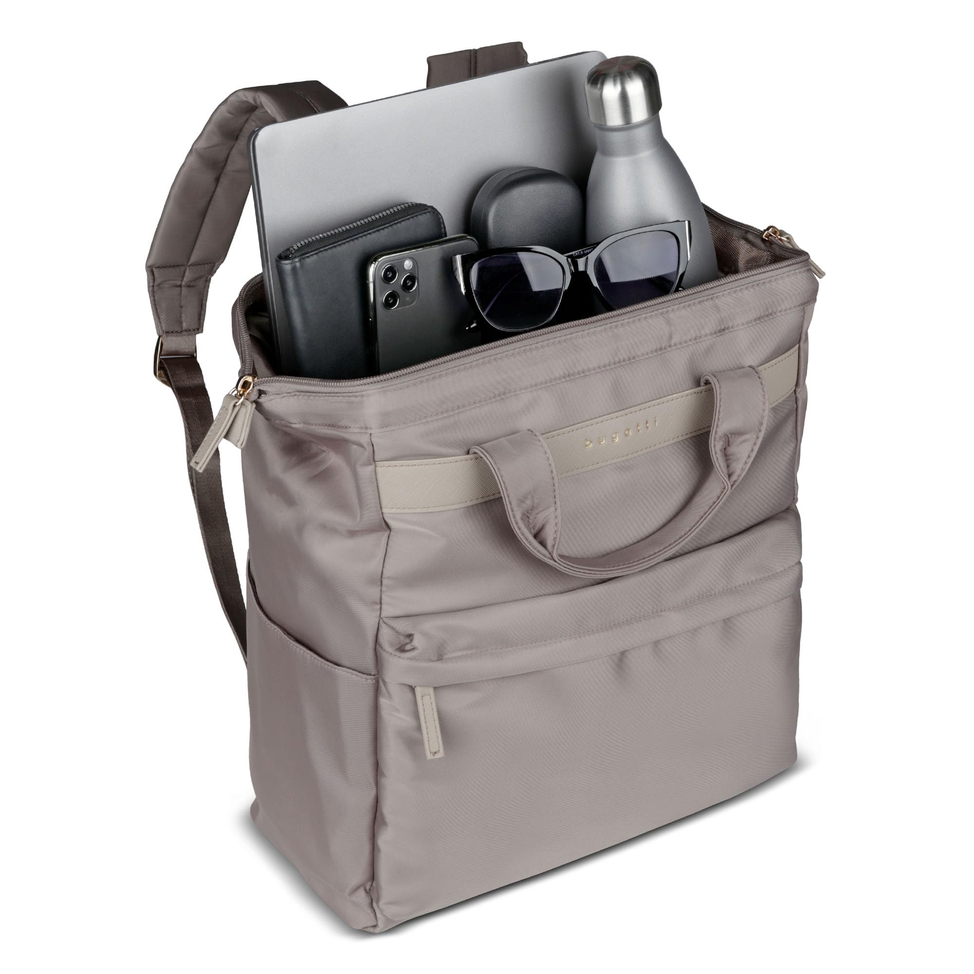bugatti Mare 2.0 Rucksack Damen mit Taschenfunktion, leichter Daypack mit Laptopfach 15", taupe
