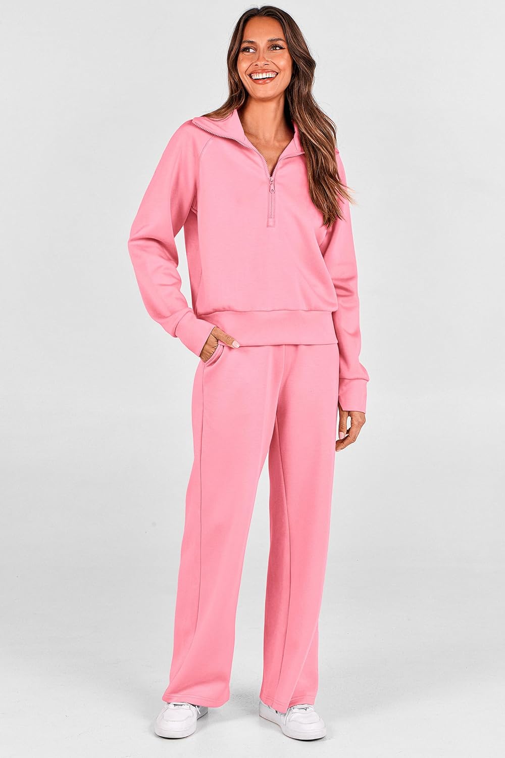 PRETTYGARDEN Women's 2 Piece Outfits Casual Lapel Half Zip Sweatshirts and Wide Leg Pants Tracksuit Sets - Image 7