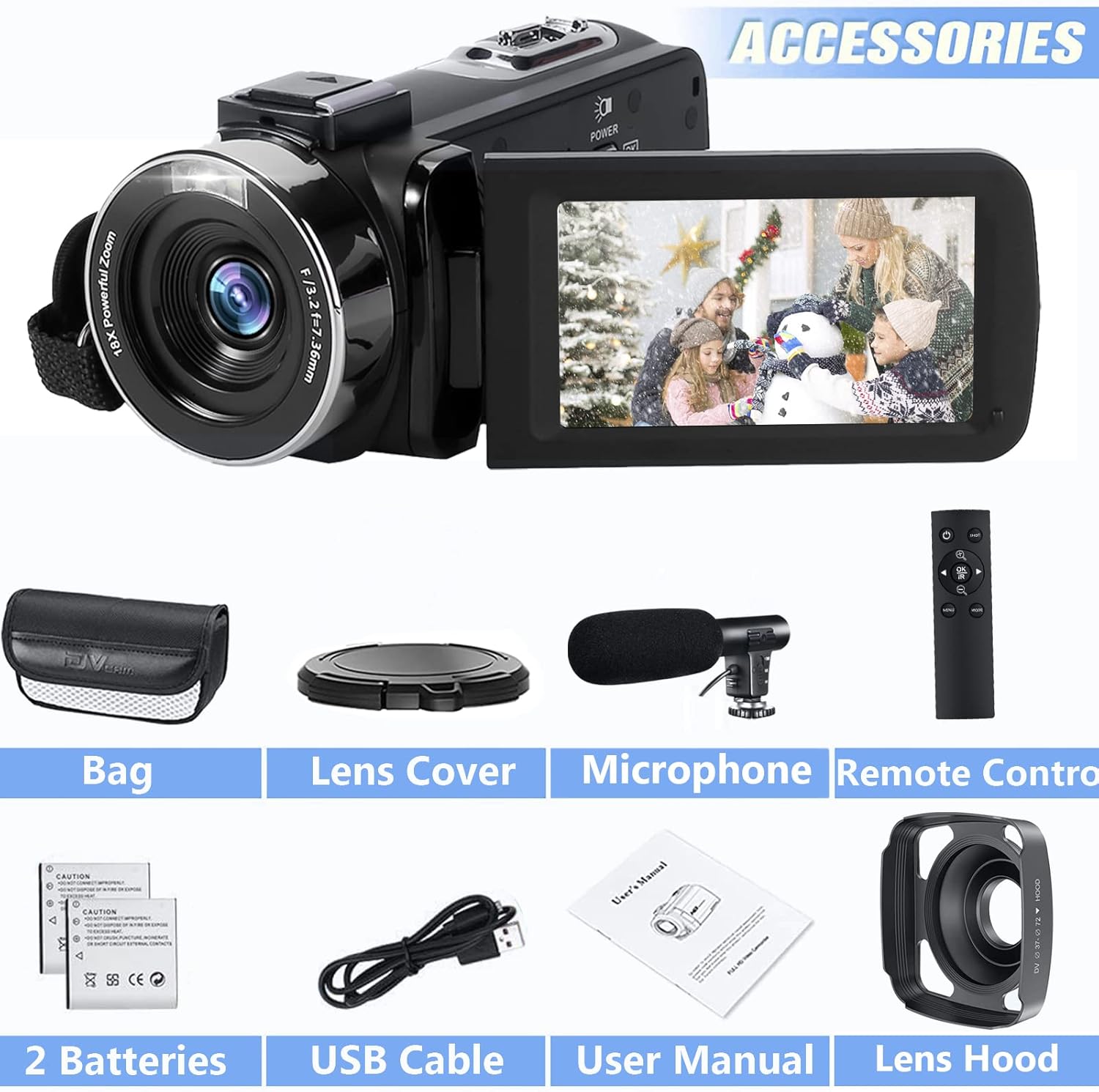 SuSier Video Camera Camcorder, Full HD 2.7K 30FPS 30MP Vlogging for YouTube IR Night Vision Webcam 16X Zoom Digital with Microphone,Remote Control,2 Batteries,Lens Hood (V19-1)