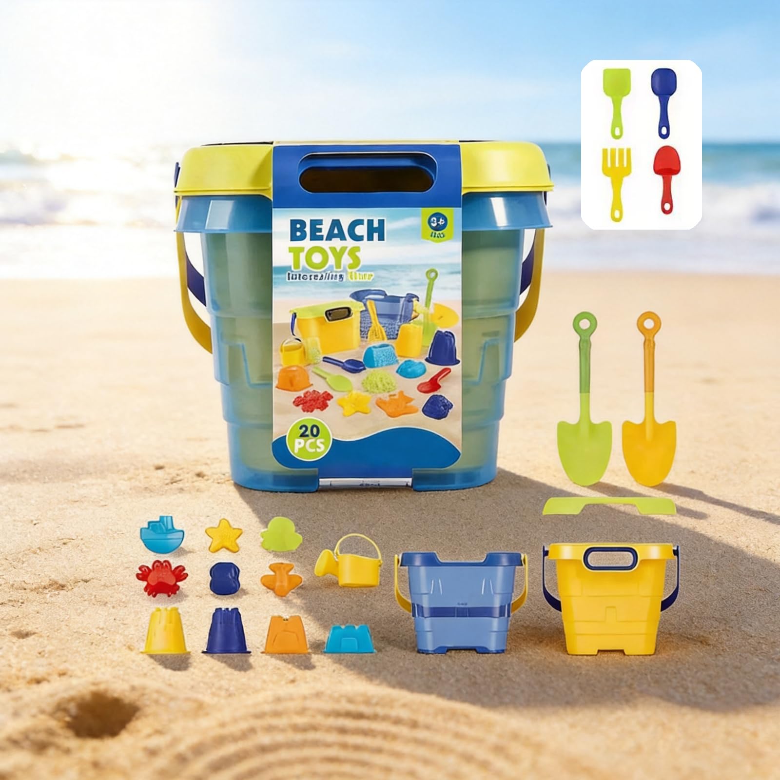 Shore Spielspielzeug Set, 20-teiliges Eimer und Sandwerkzeug Set mit Schaufeln, Gießkanne, Siebdeckel und Formteilen für Strandtage und Sandkastenspaß, Strandspielzeug, Sandspielzeug, Eimer,