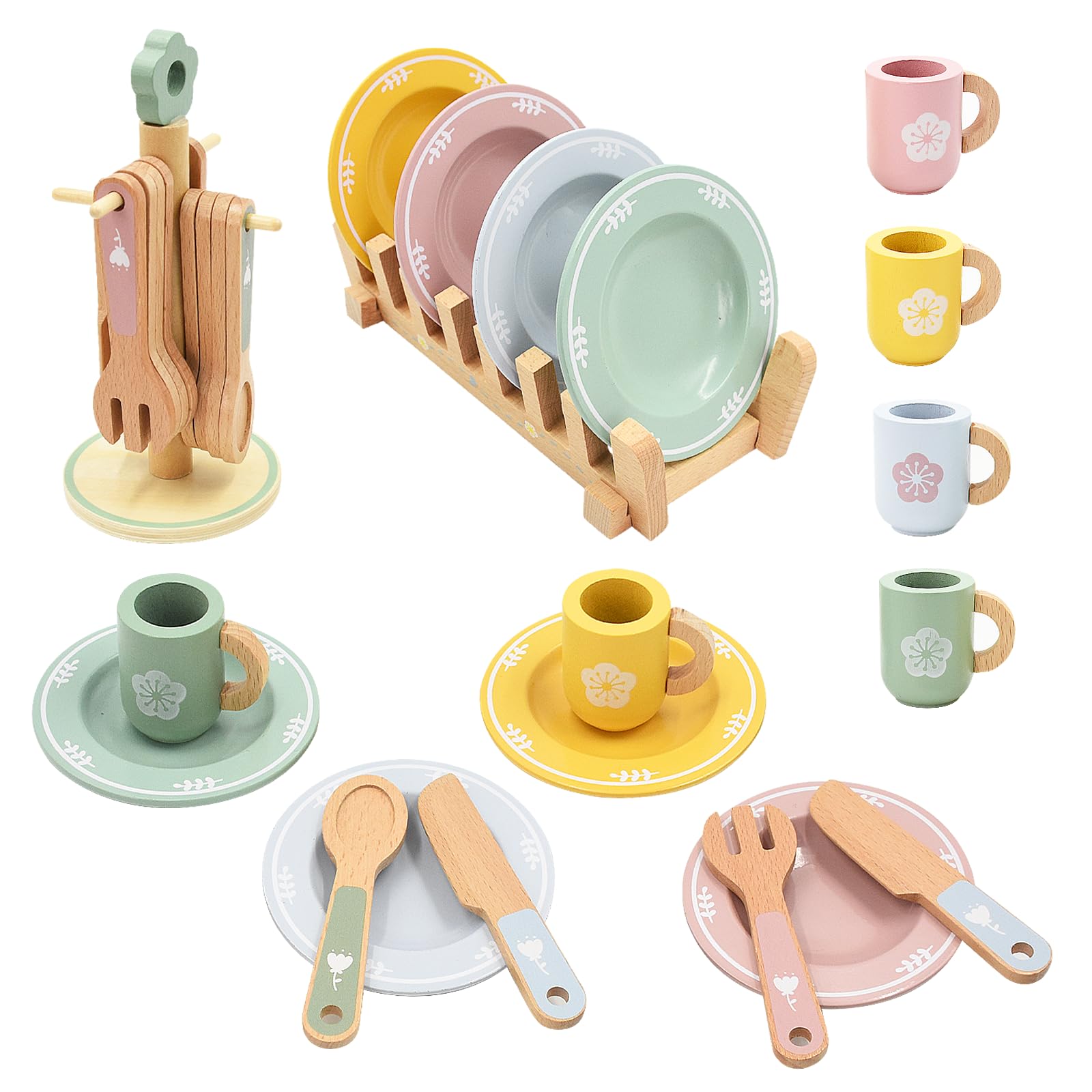 Dinette en Bois Enfant, Lot de 22 Jouets de Cuisine en Bois pour 4 Personnes, Jeu de Vaisselle de Cuisine, Accessoires Cuisines pour Enfant, Jouet de Jeu de Rôle pour Filles Garçons 3+ Ans
