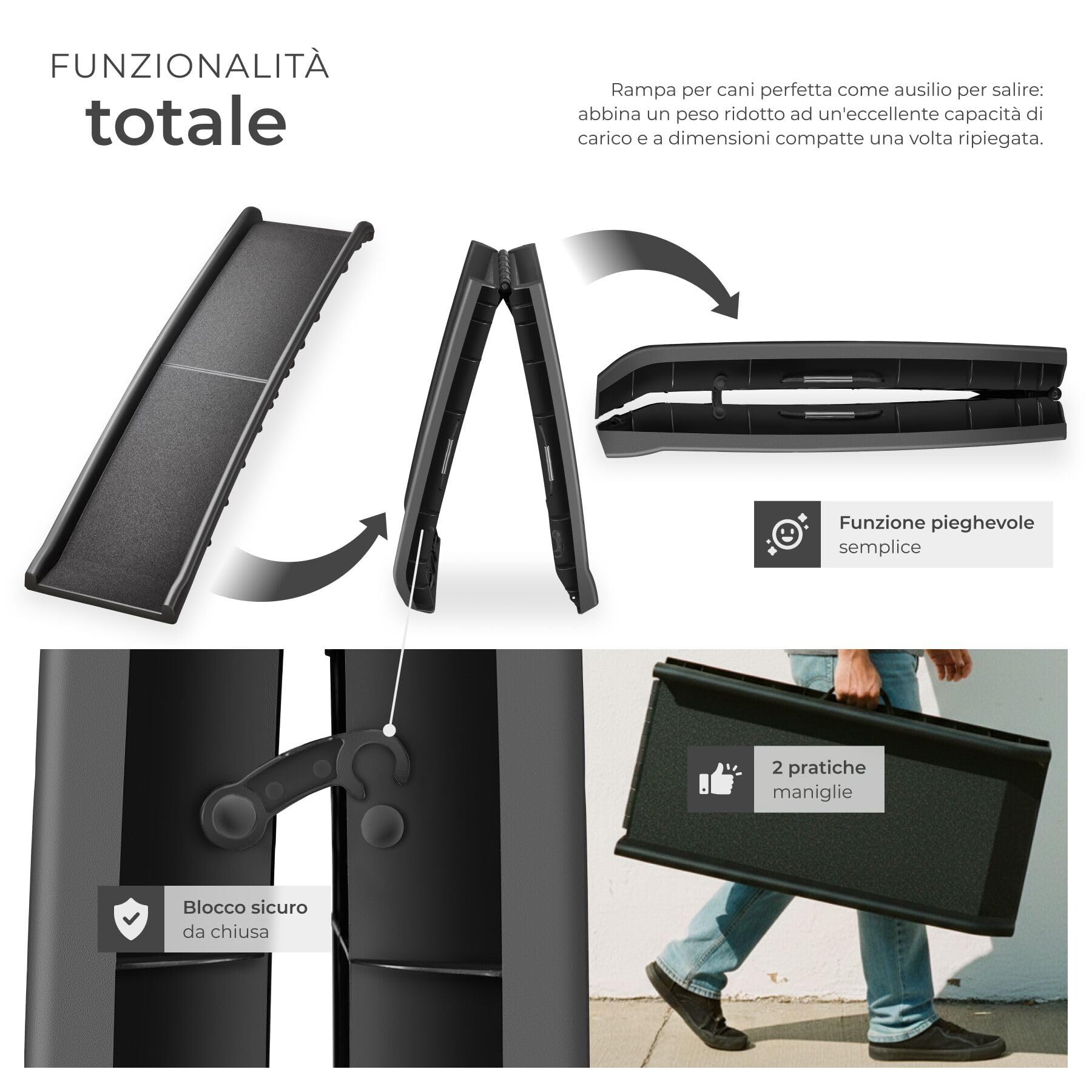 tectake® Rampa per Cani Paw Step, Richiudibile, Antiscivolo per Auto, Pieghevole con Maniglie Trasporto, Supporto fino a 90kg, Pedana per Cani, Rampe per Cani