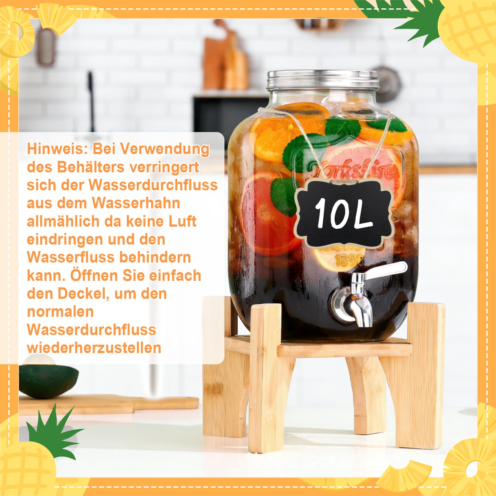 10L Getränkespender mit Zapfhahn, Ständer und Deckel, Limonadenspender aus Hitzebeständigen Borasilikatglas, Wasserspender Glas mit Wasserhahn aus Edelstahl für Garten, Buffet, Party, Hochzeiten