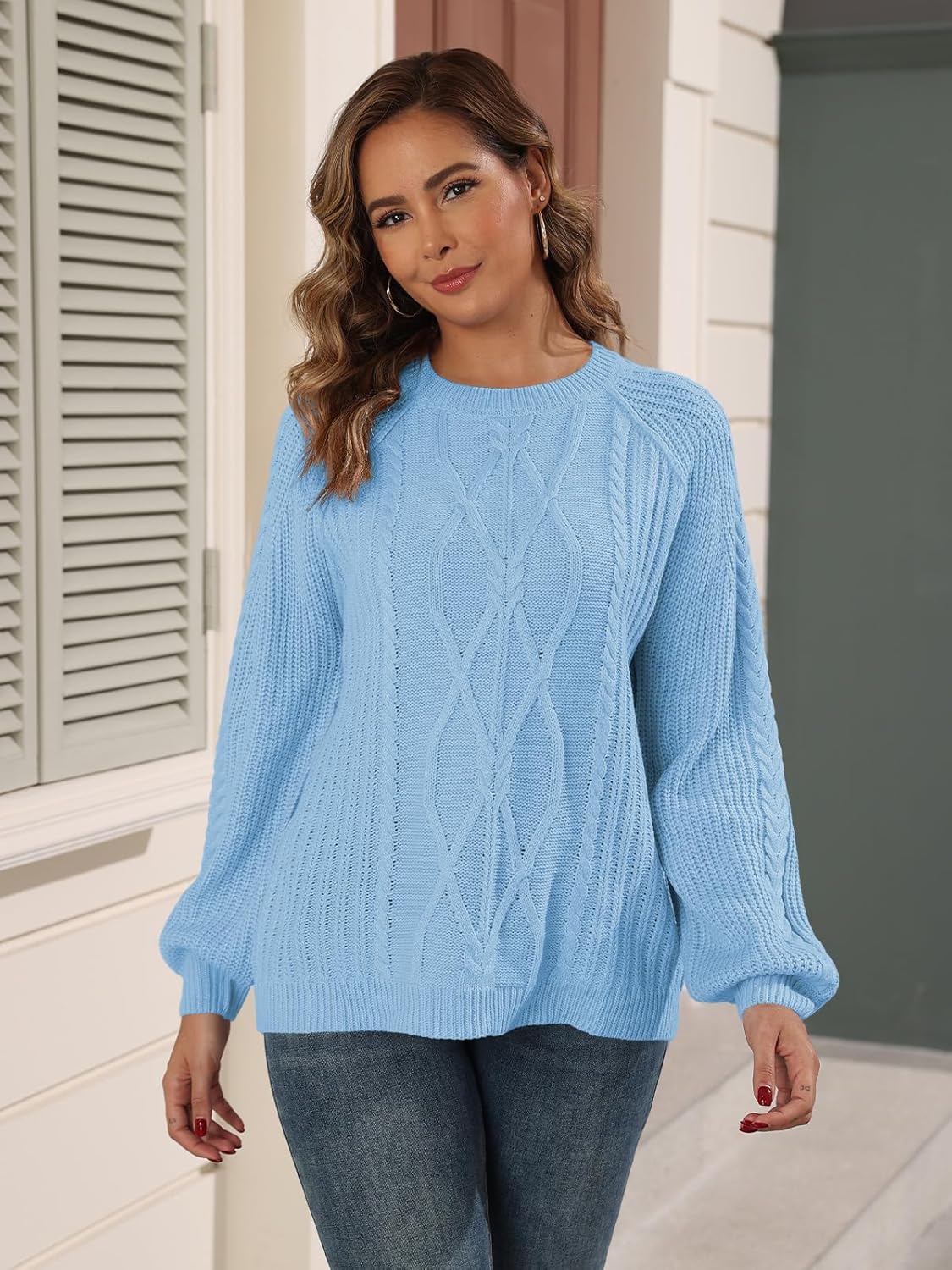 Women's Cable Knit Crewneck Sweaters 2025 Fall Winter Long Sleeve Casual Chunky Knit Sweater Pullover Top S-XL - Image 2