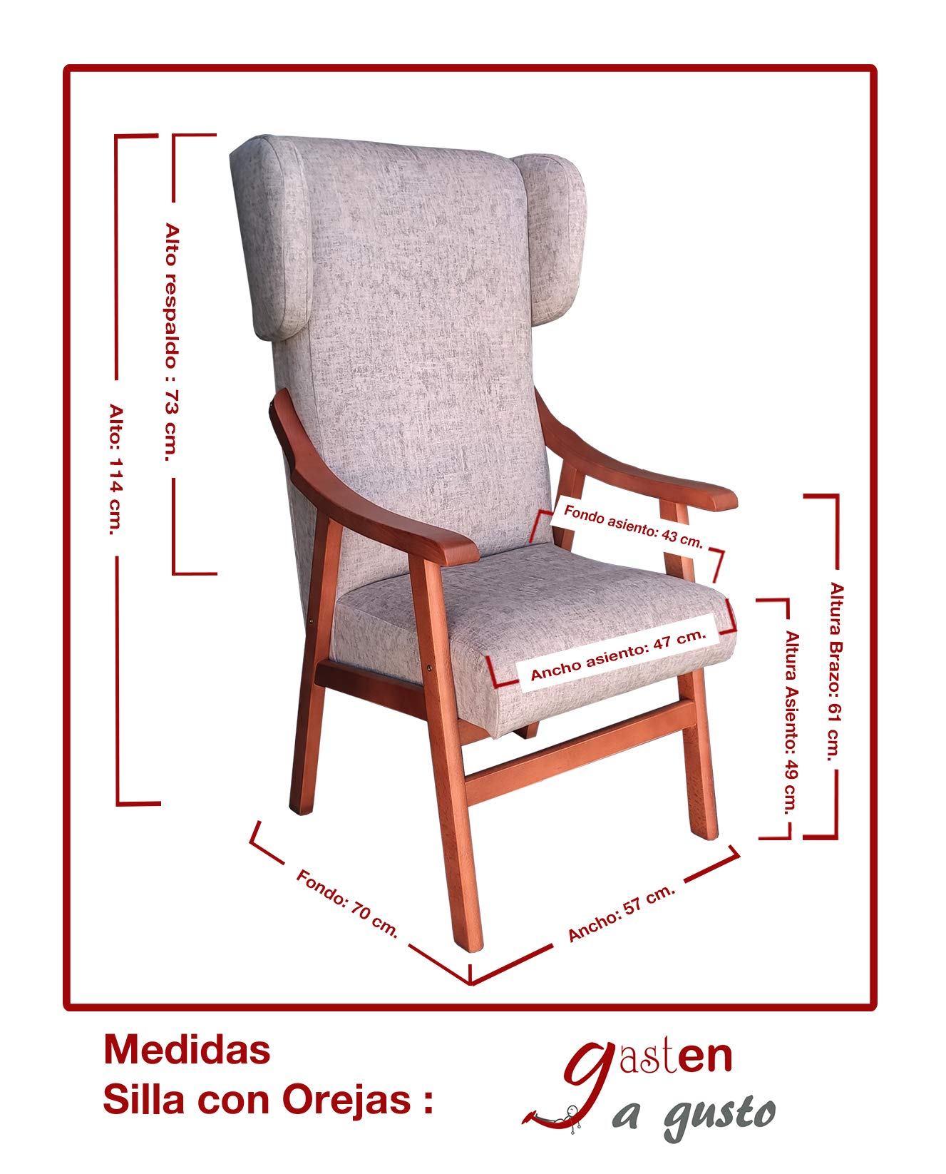 Gasten a gusto Silla con Brazos y Orejas apoya-Cabeza. Madera Color: Cerezo (Medidas: 117 * 69 * 57 cm) Tela Antimanchas: para Personas Mayores o geriátrico. Prótesis de Cadera. Tostado