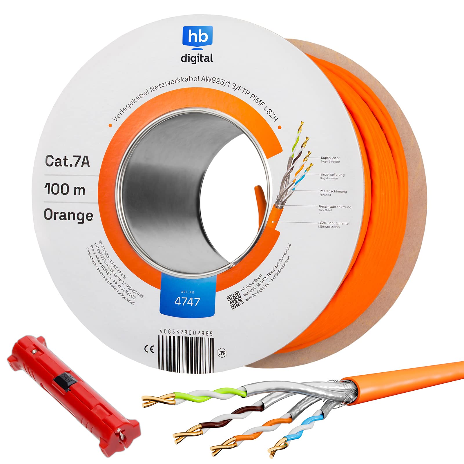 HB-DIGITAL 100m CAT.7a Câble réseau Orange Câble de pose Ethernet LAN AWG23 Cuivre pur S/FTP PiMF LSZH Sans halogène RoHS-Compliant Câble de données PoE 10Gbit/s max. 1200MHz + dénudeur de fils
